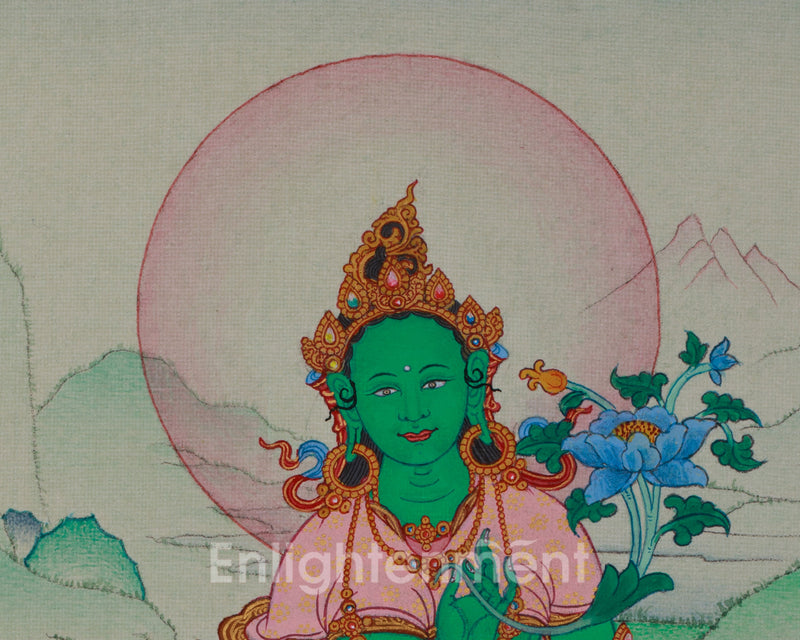 The Female Buddha, Green Tara Thangka | Compact Compassionate Artwork