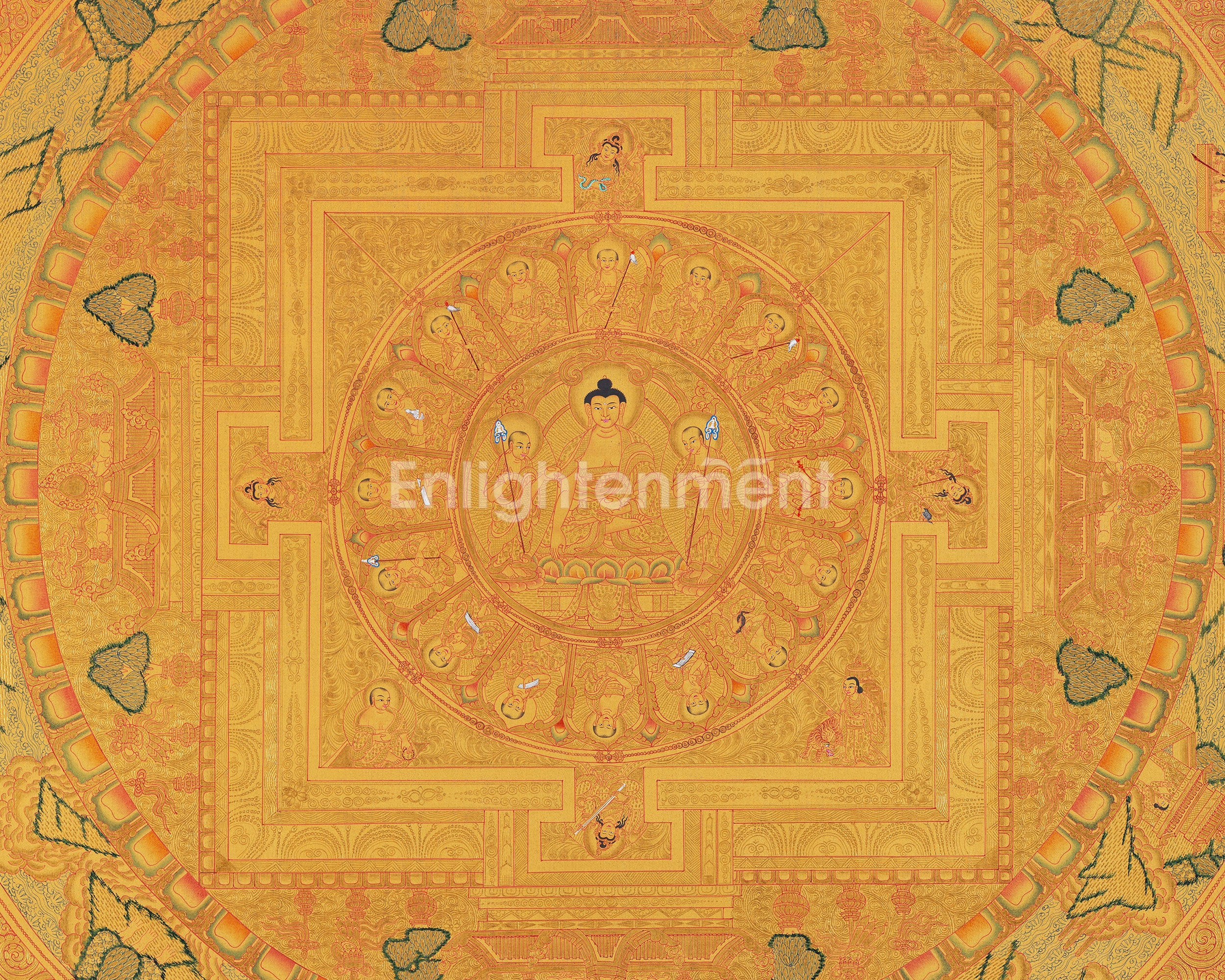 Shakyamuni Buddha Mandala Thangka with Pure 24k Golden  Embellishment | Wall Hanging Yoga Meditation Canvas Art | Spiritual Gift Idea