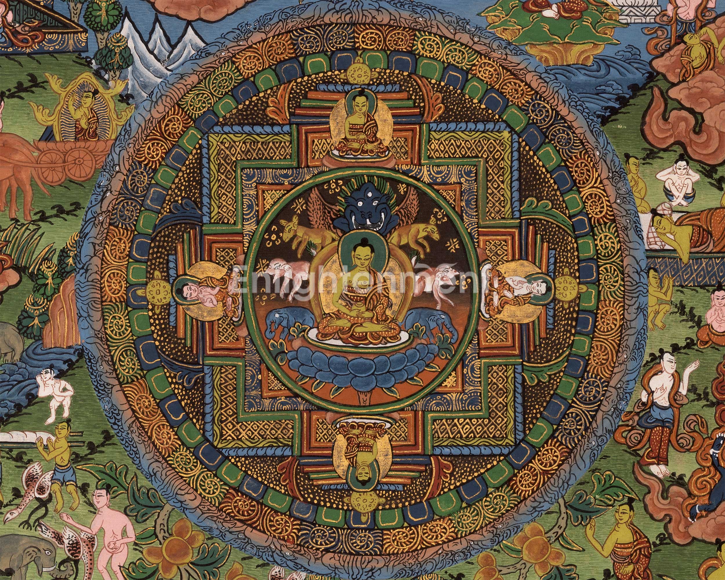 Horizontal Thangka of Buddha Life Story | A Spiritual Journey Through Sacred Art