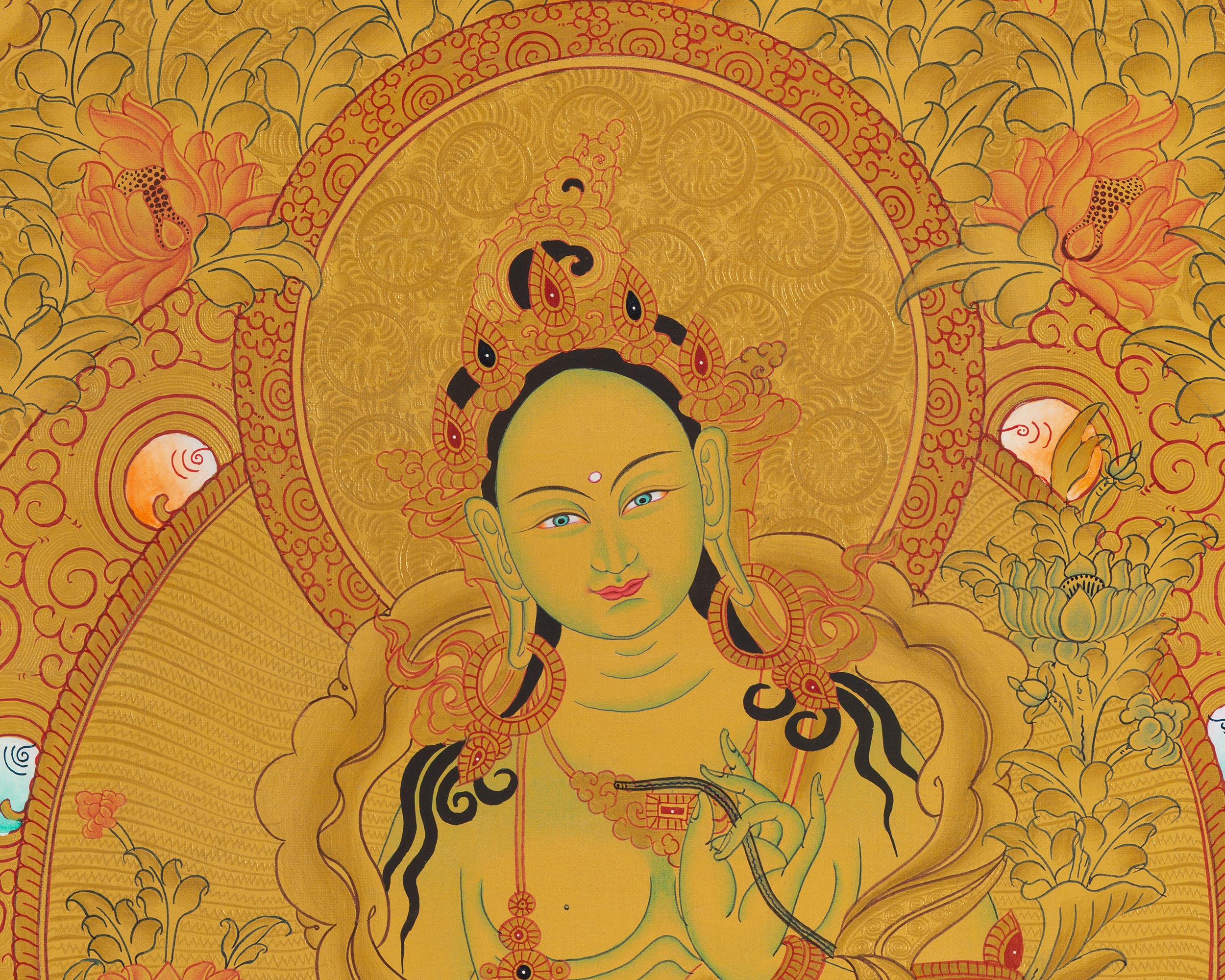 Full 24K Gold Green Tara Thangka Wall Decoration Art | Shyamatara Deity