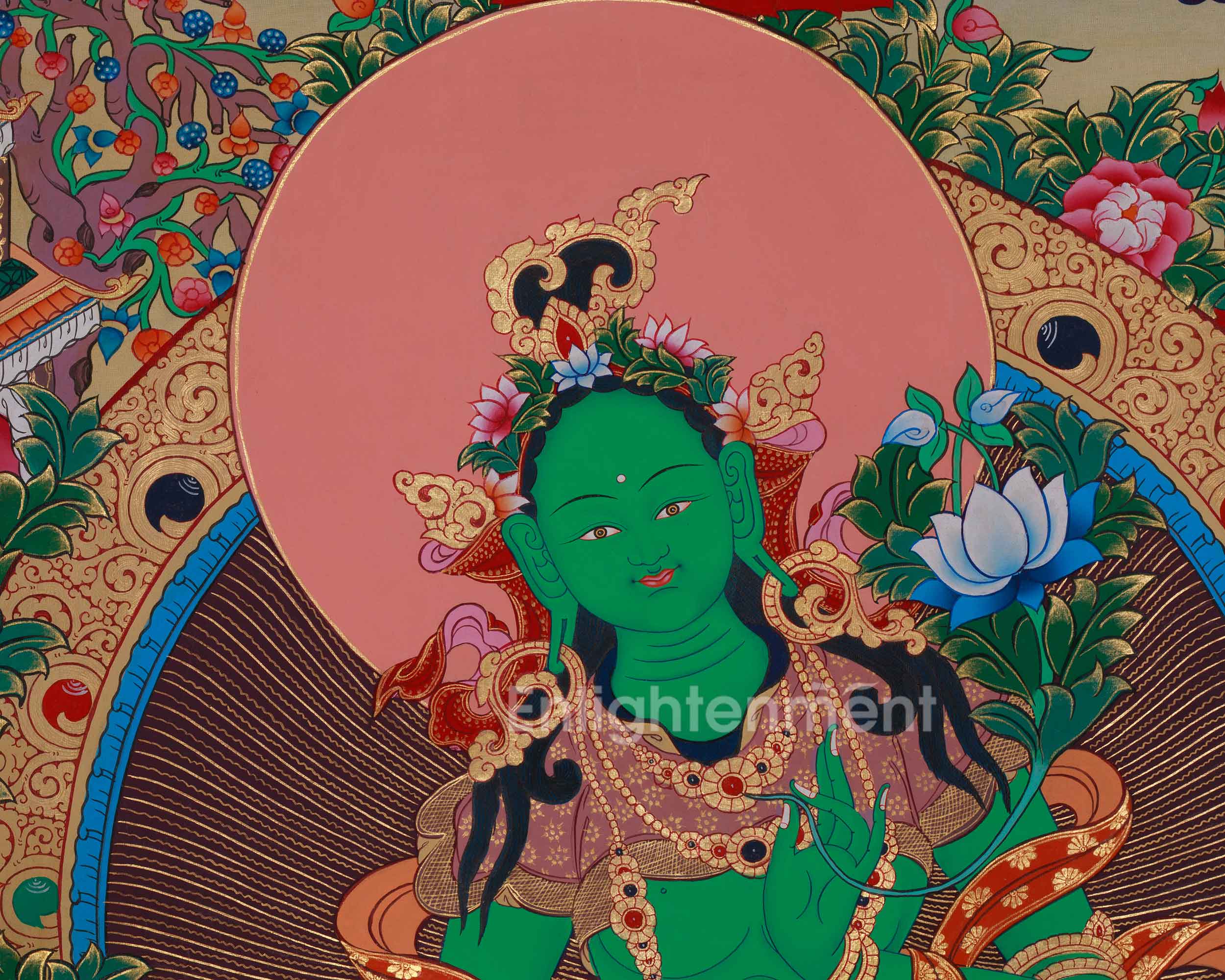 Divine Thangka of Green Tara with Amitabha Buddha, Chenrezig, and Vajrapani | Spiritual Art