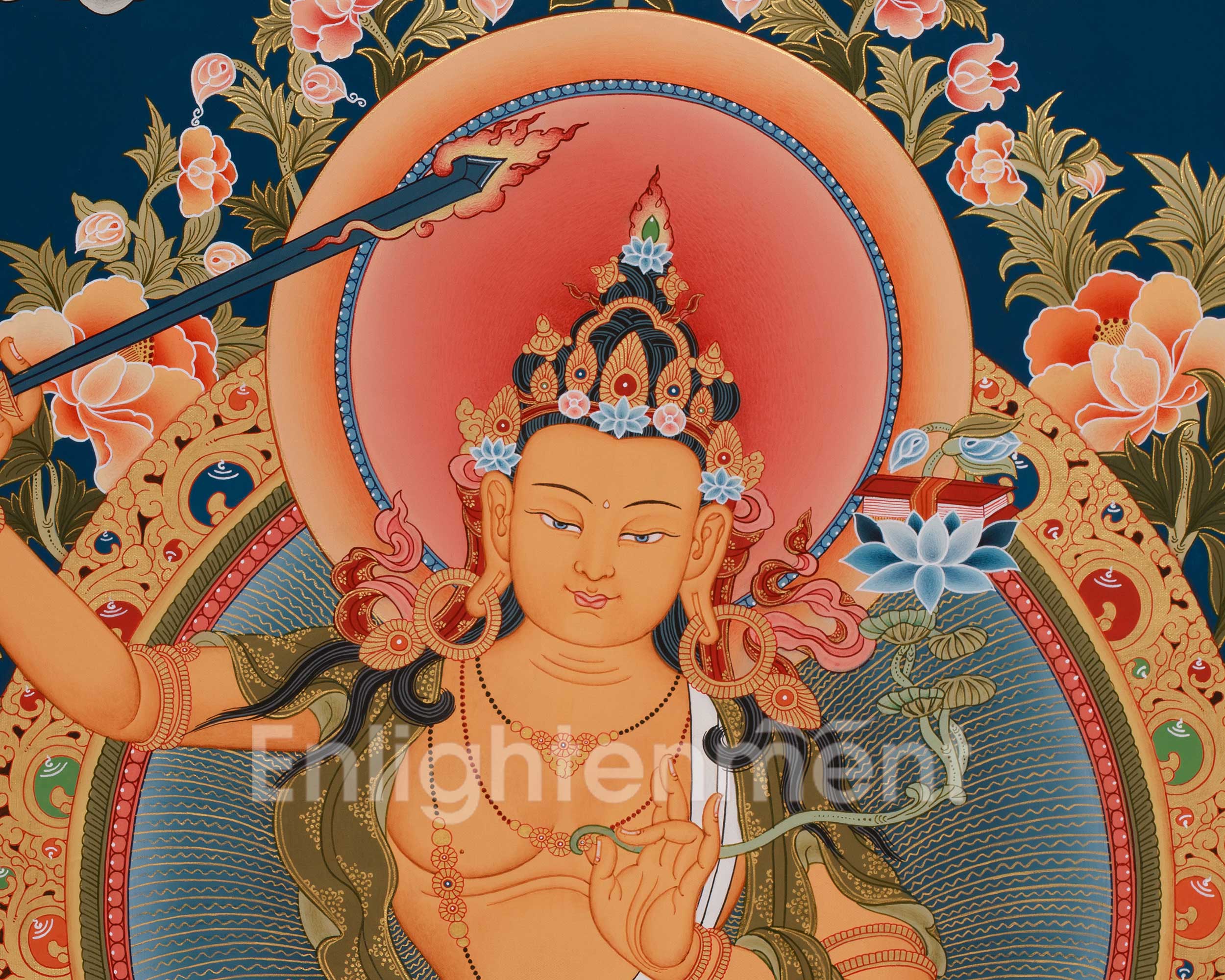 Hand-Painted Bodhisattva Manjushree Thangka | Large Buddhist Artwork of Wisdom Buddha