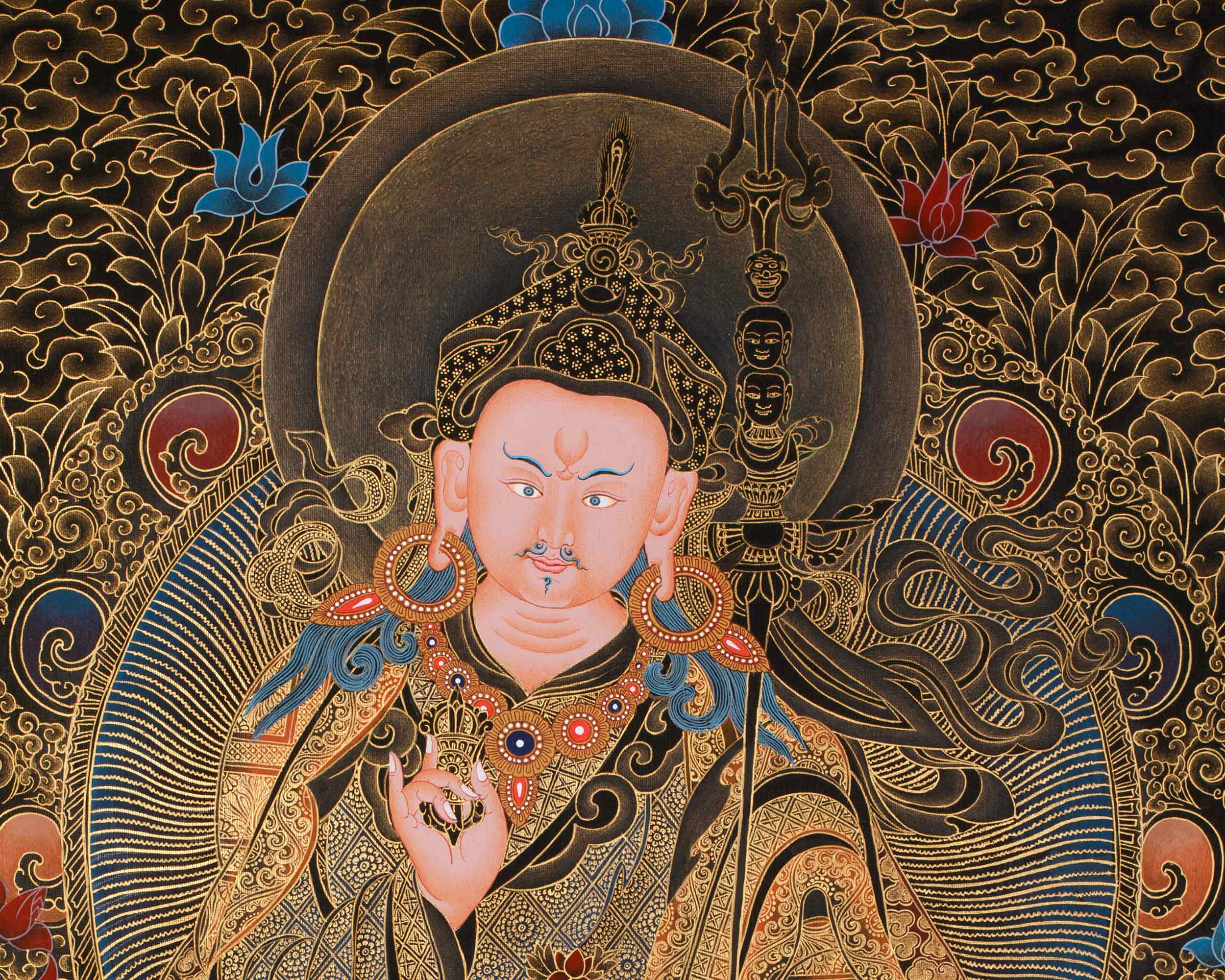 Guru Tsokyé Dorje Thangka | Masterful Gold Detailing on Black Canvas