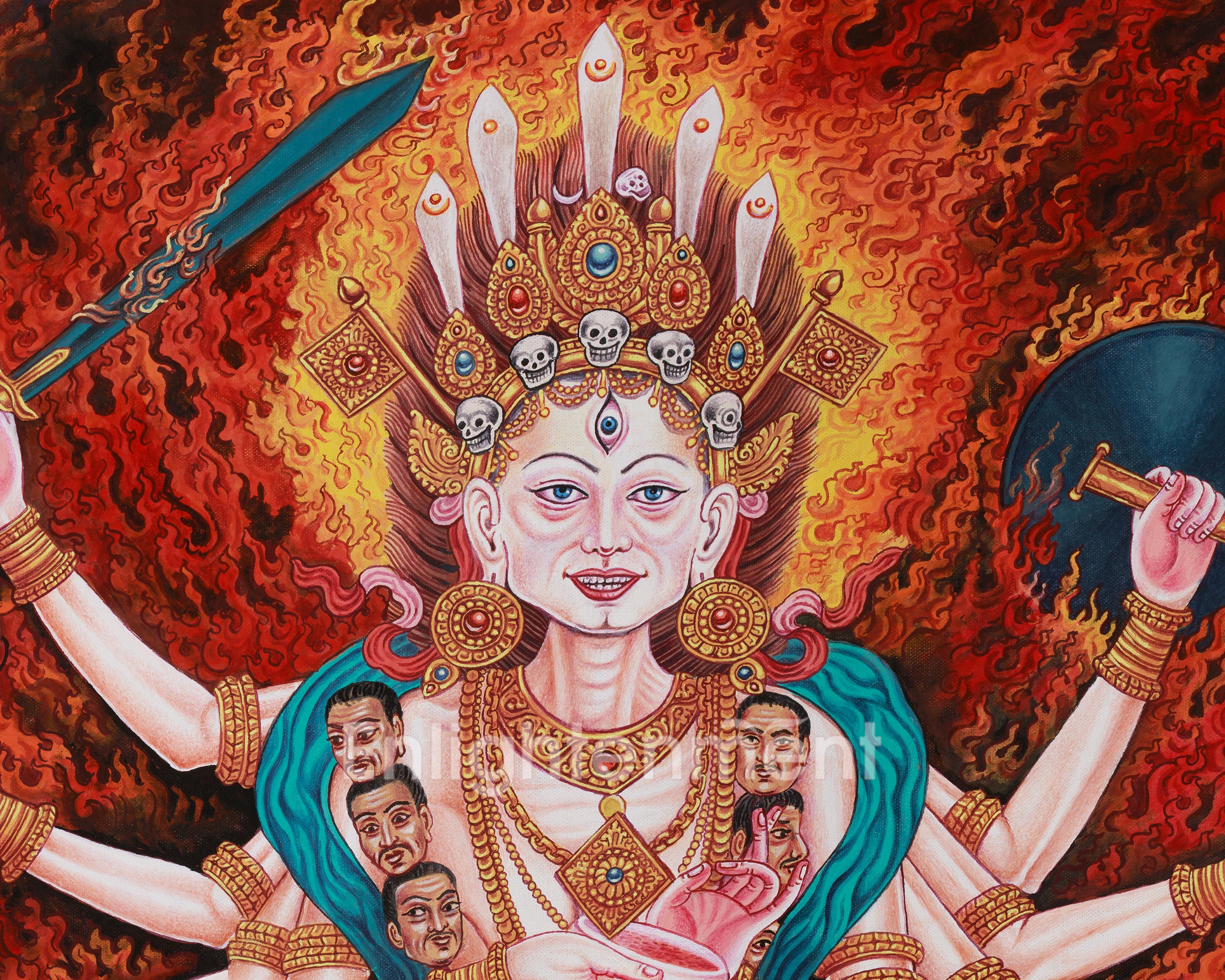 Wrathful Chamunda Thangka | The Fierce Goddess of Tantric Rites