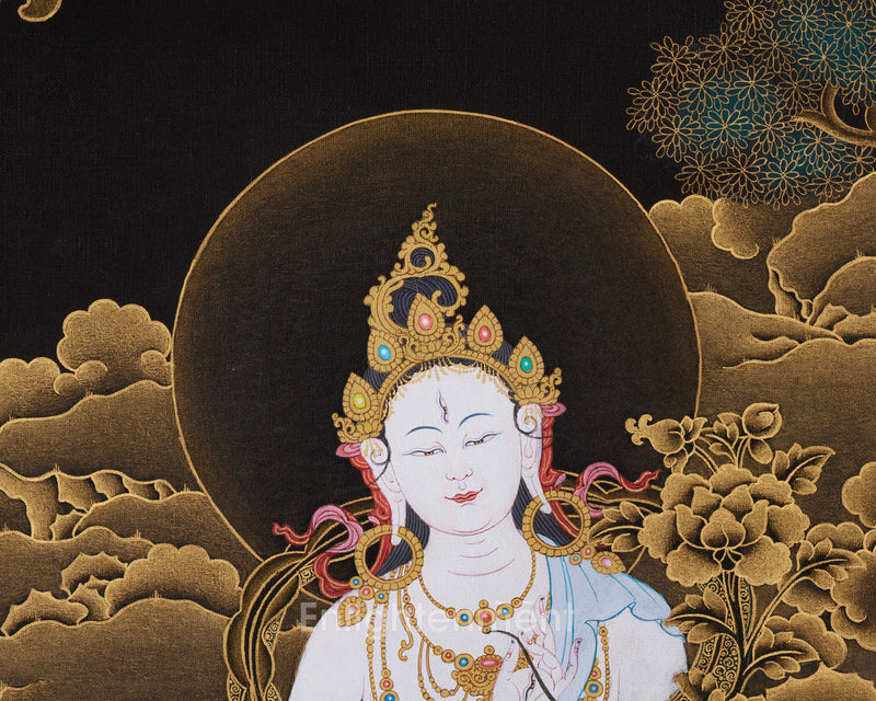 Three Deities of Long Life: White Tara, Amitayus, and Namgyalma | Gold Embellished Thangka