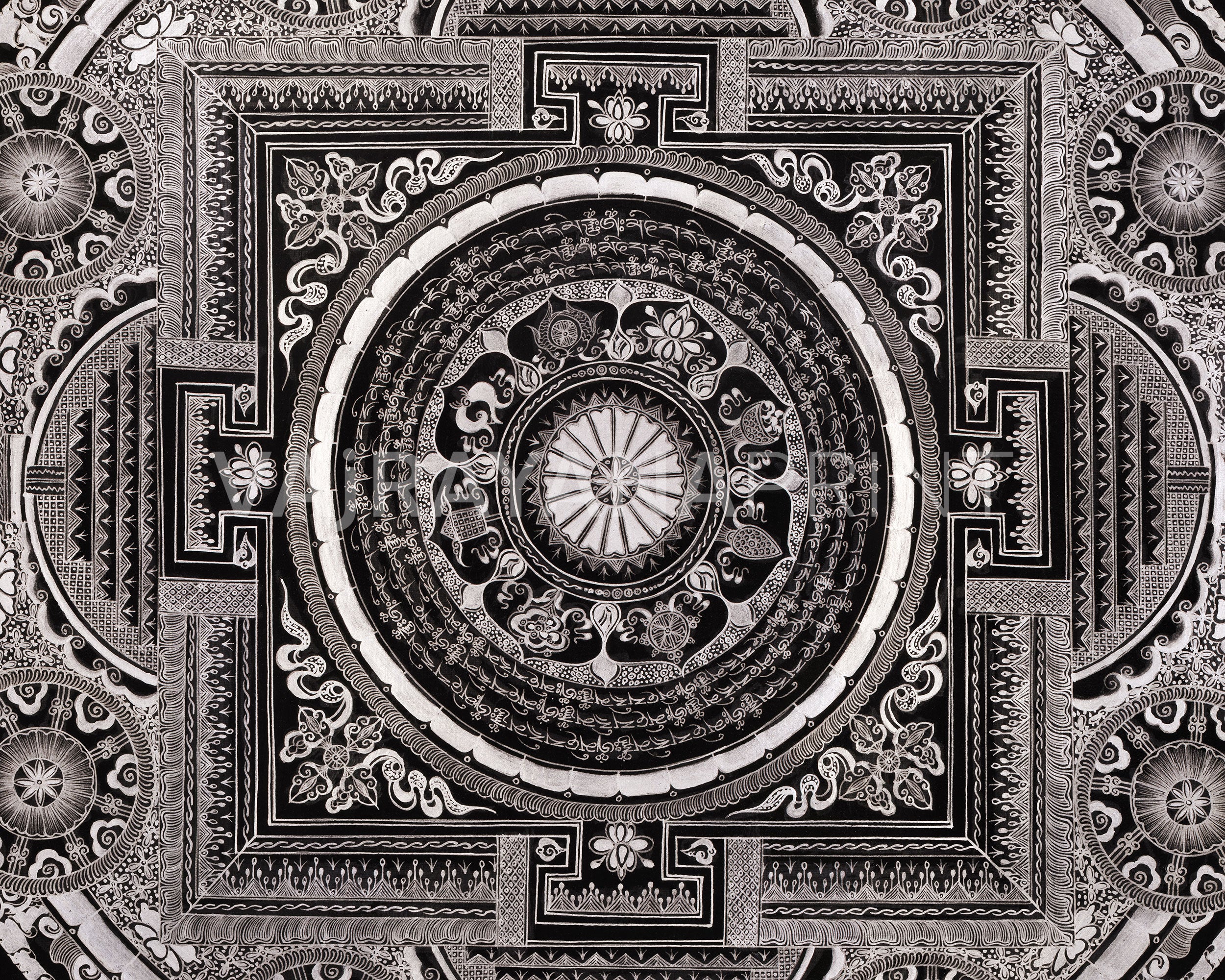 Eight Auspicious Symbol Mantra Mandala | Giclée Cavans Print | Monochromatic Artwork
