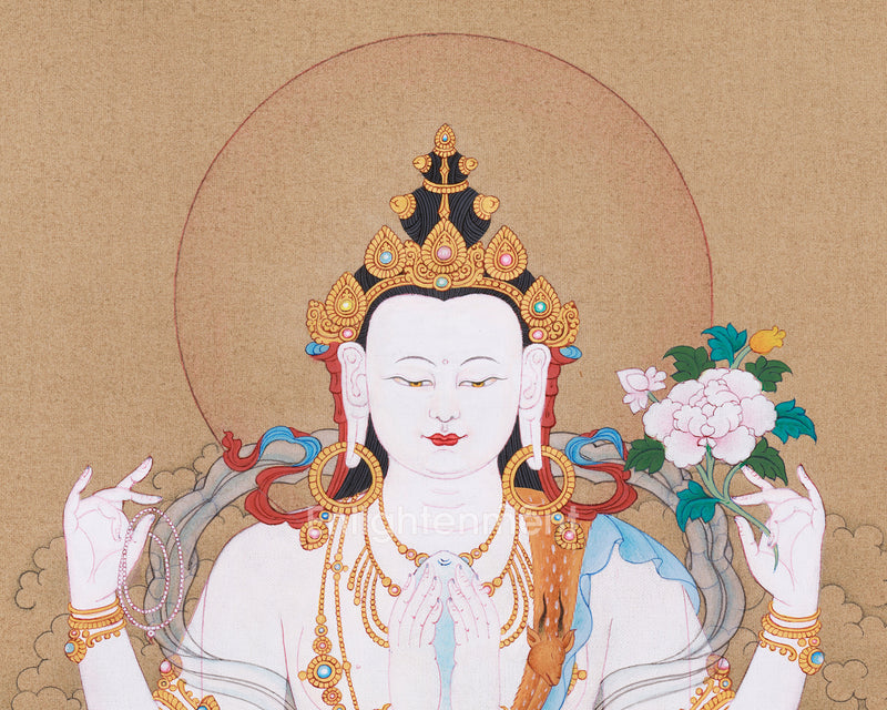 Serene Avalokiteshvara Thangka | Hand-Painted Four Armed Chenrezig Art