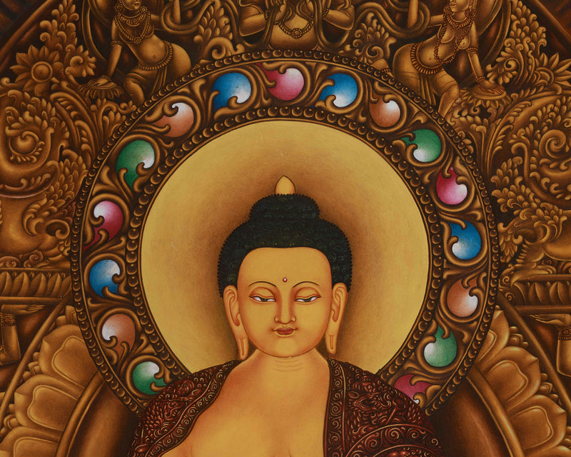 Peaceful Shakyamuni Buddha Thangka | Seated on His Majestic Throne