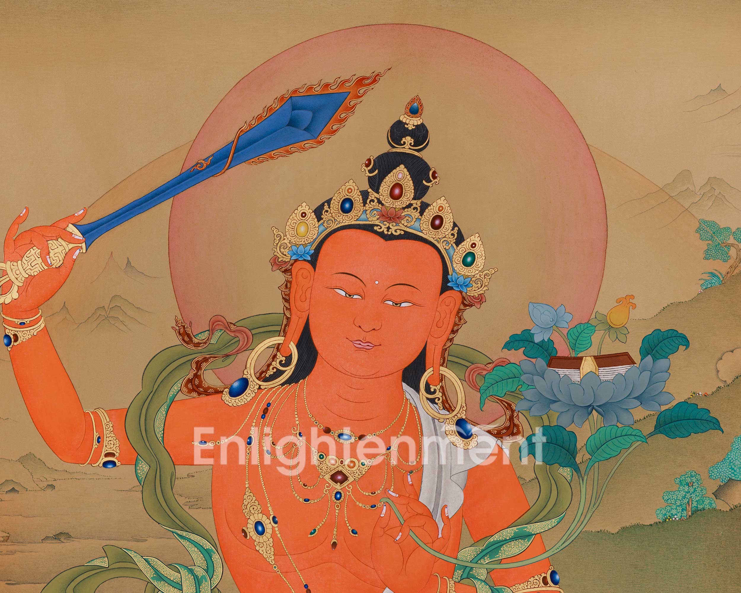 Tibetan Bodhisattva Manjushri Artwork | 51 Inch Thangka of Enlightenment and Clarity