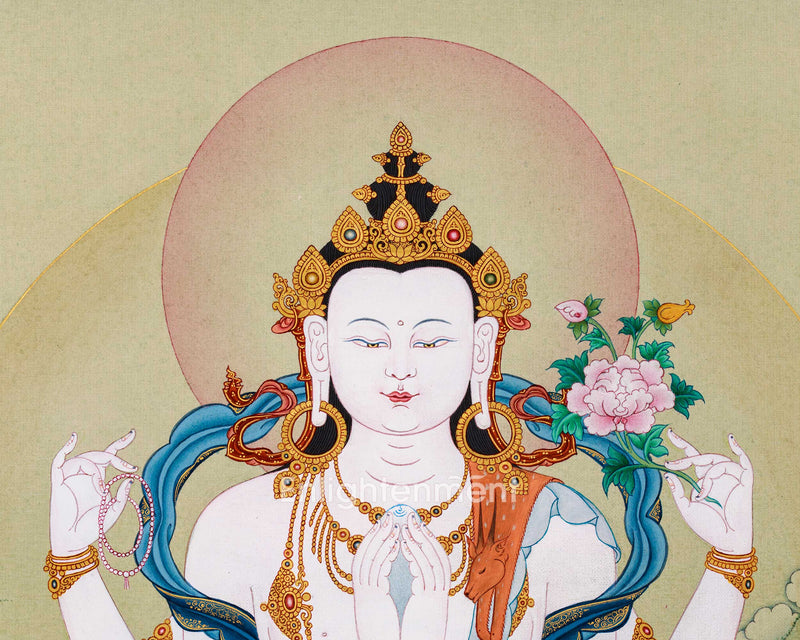 Compassion Buddha Avalokiteshvara Thangka| Authentic Stone Colors from Lhasa, Tibet