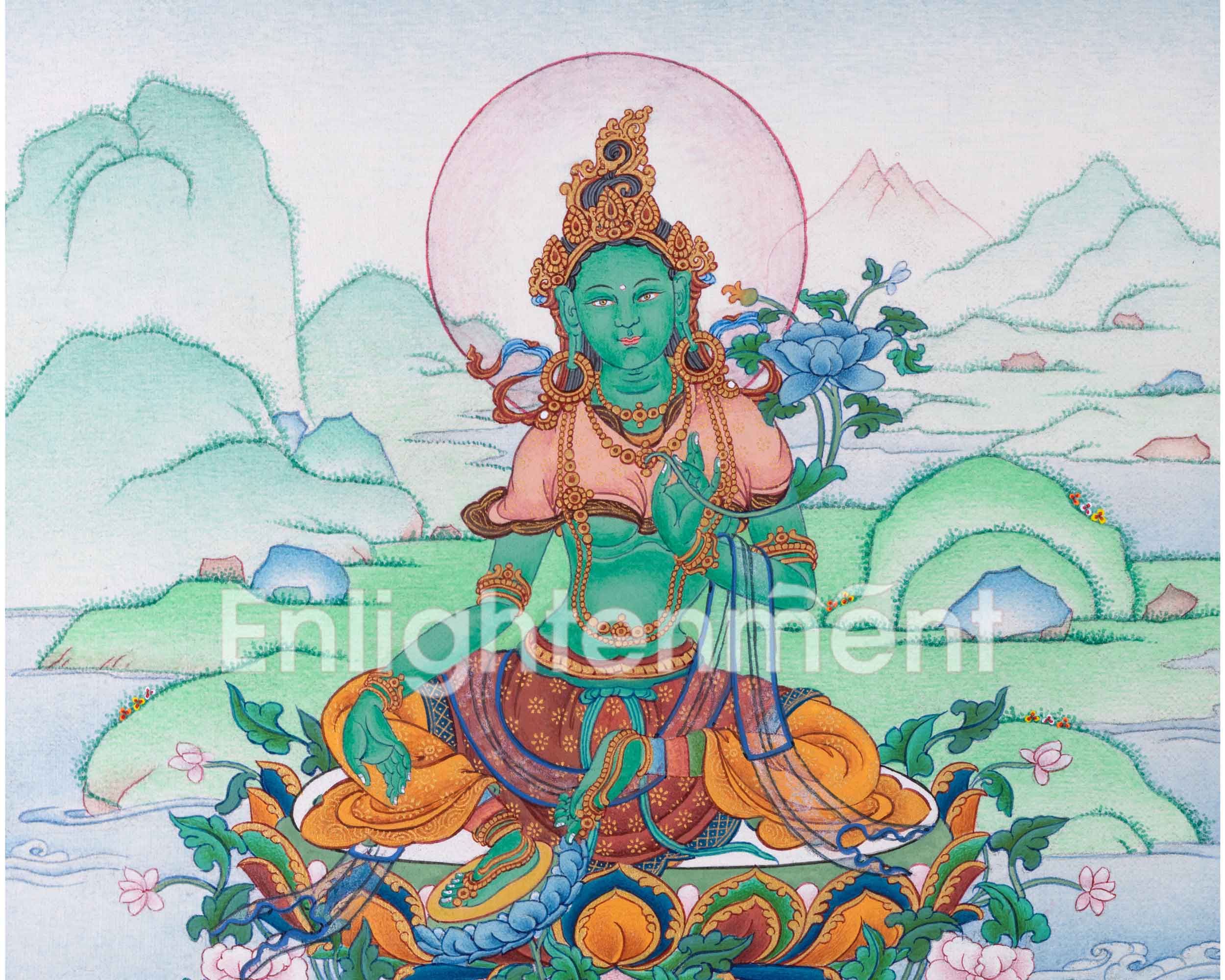Divine Wisdom of Green Goddess, Mother Tara  | Traditional Handpainted Thangka