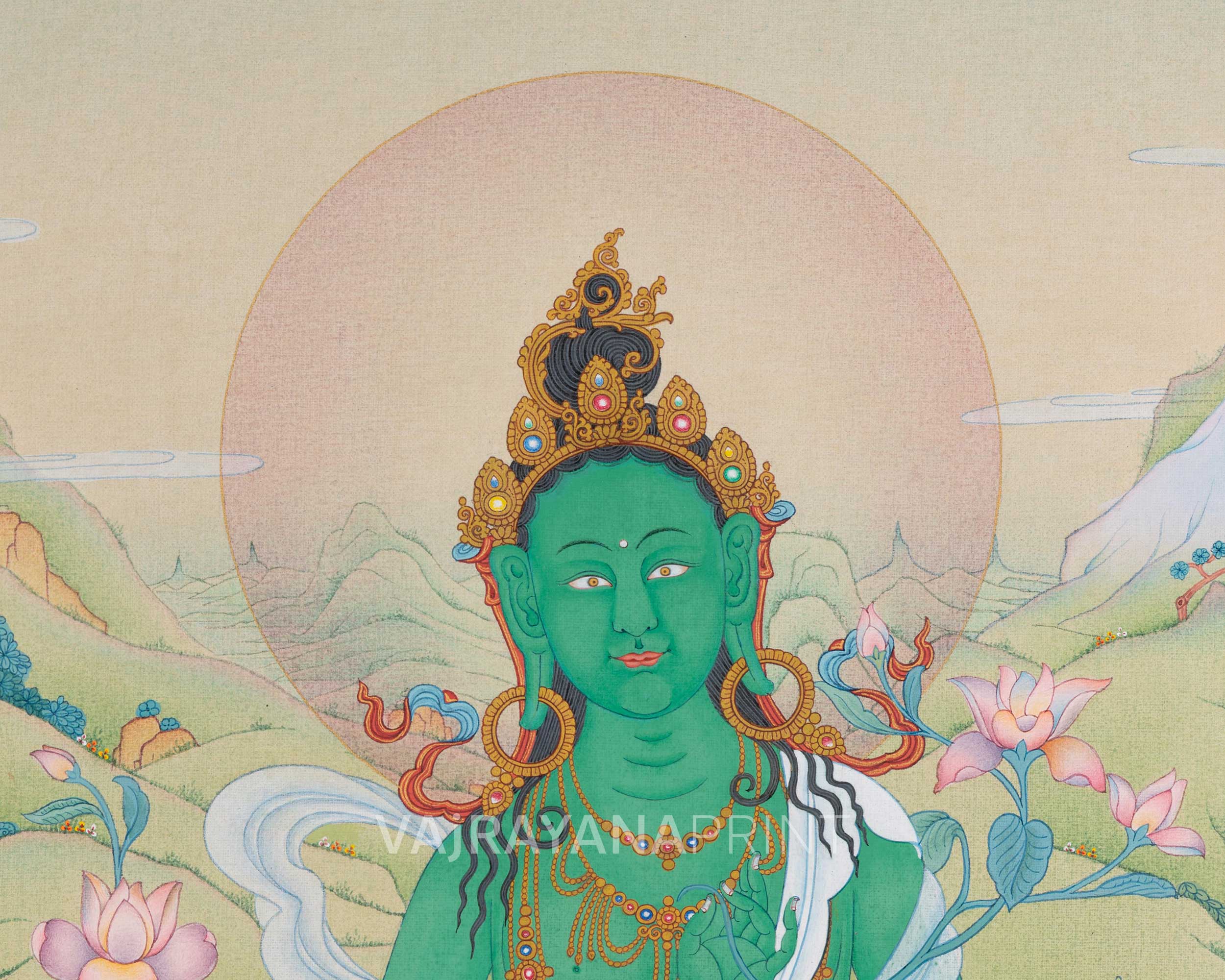 Buddhist Arya Tara Thangka Print | Green Tara Artwork | Goddess of Compassion