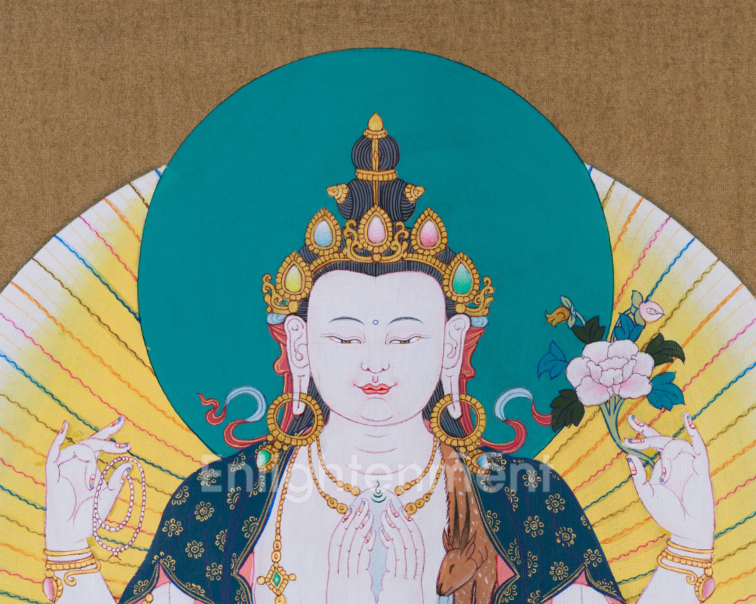 Traditional Thangka of Chenrezig | Featuring Manjushri and Vajrapani