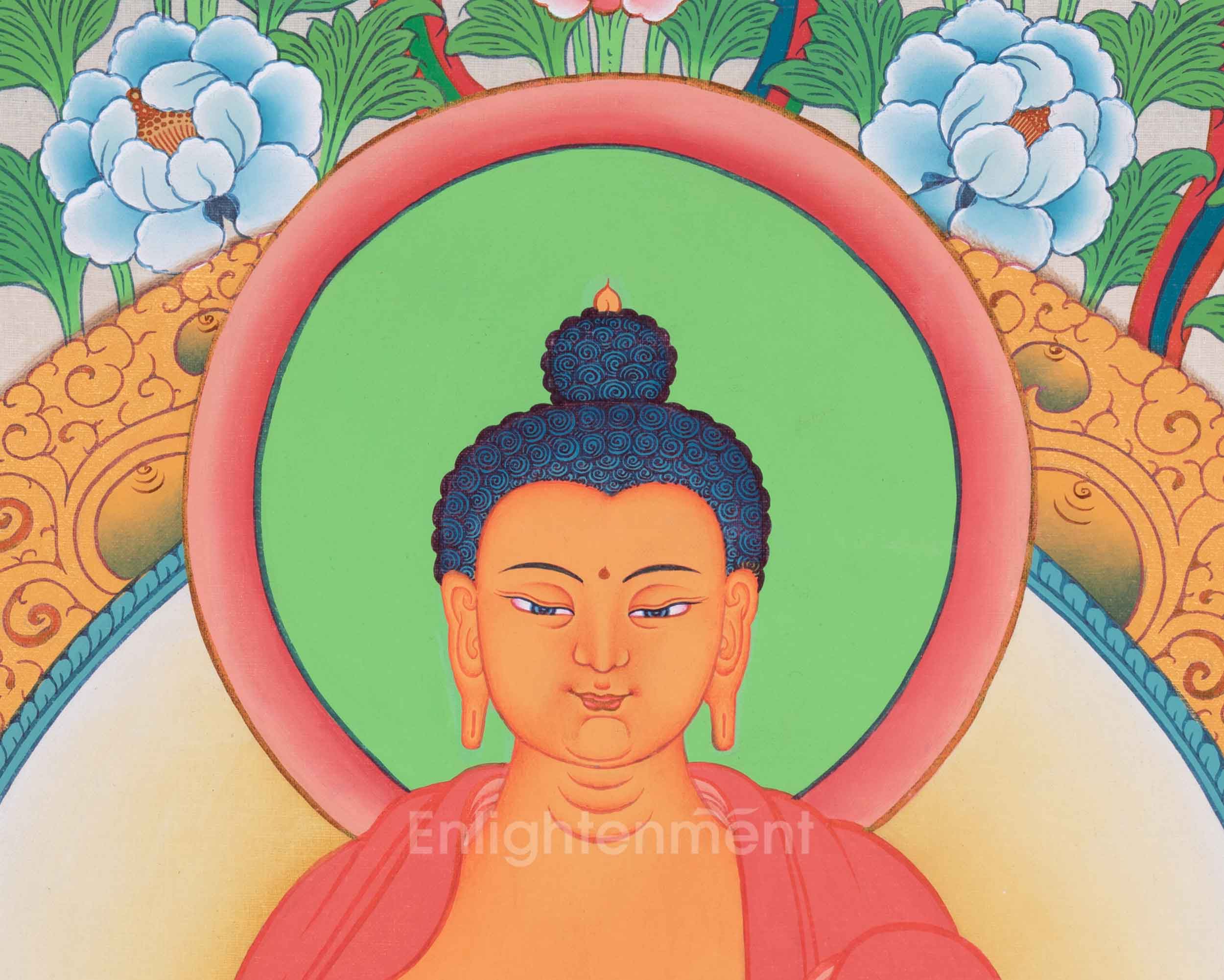 Buddha Shakyamuni Thangka | Featuring Two Disciples and Mantra | Tibetan Buddhist Arts