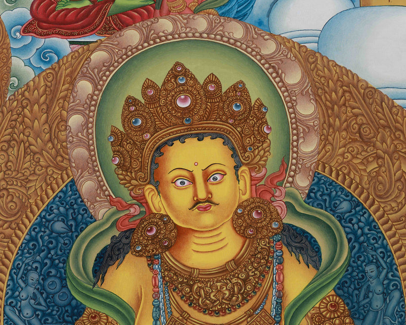 Yellow Dzambhala, The Wealth Deity Thangka | Prosperity Thangka With Five Dhyani Buddhas