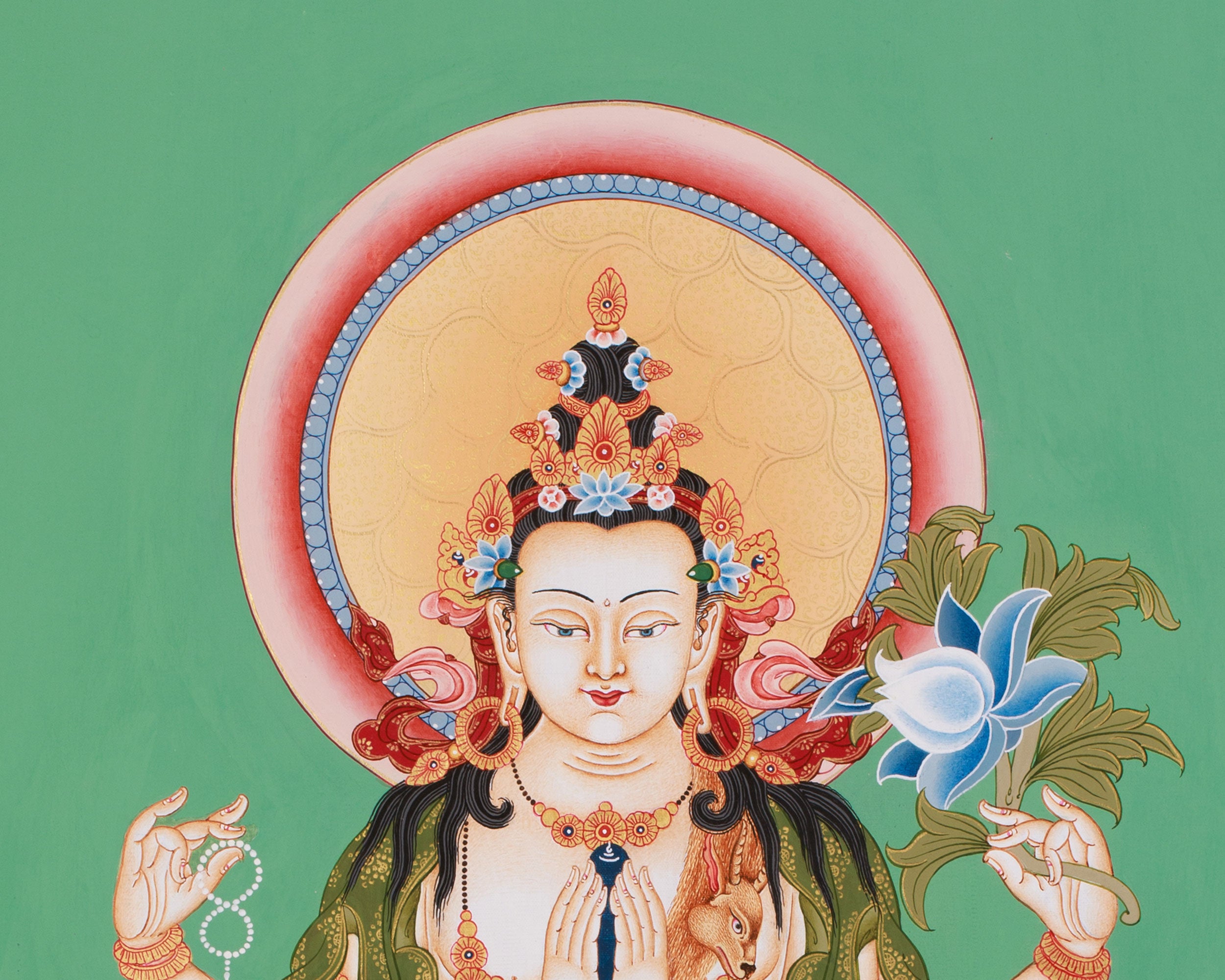 Hand-Painted Four-Armed Chenrezig | Bodhisattva of Compassion on Green Canvas