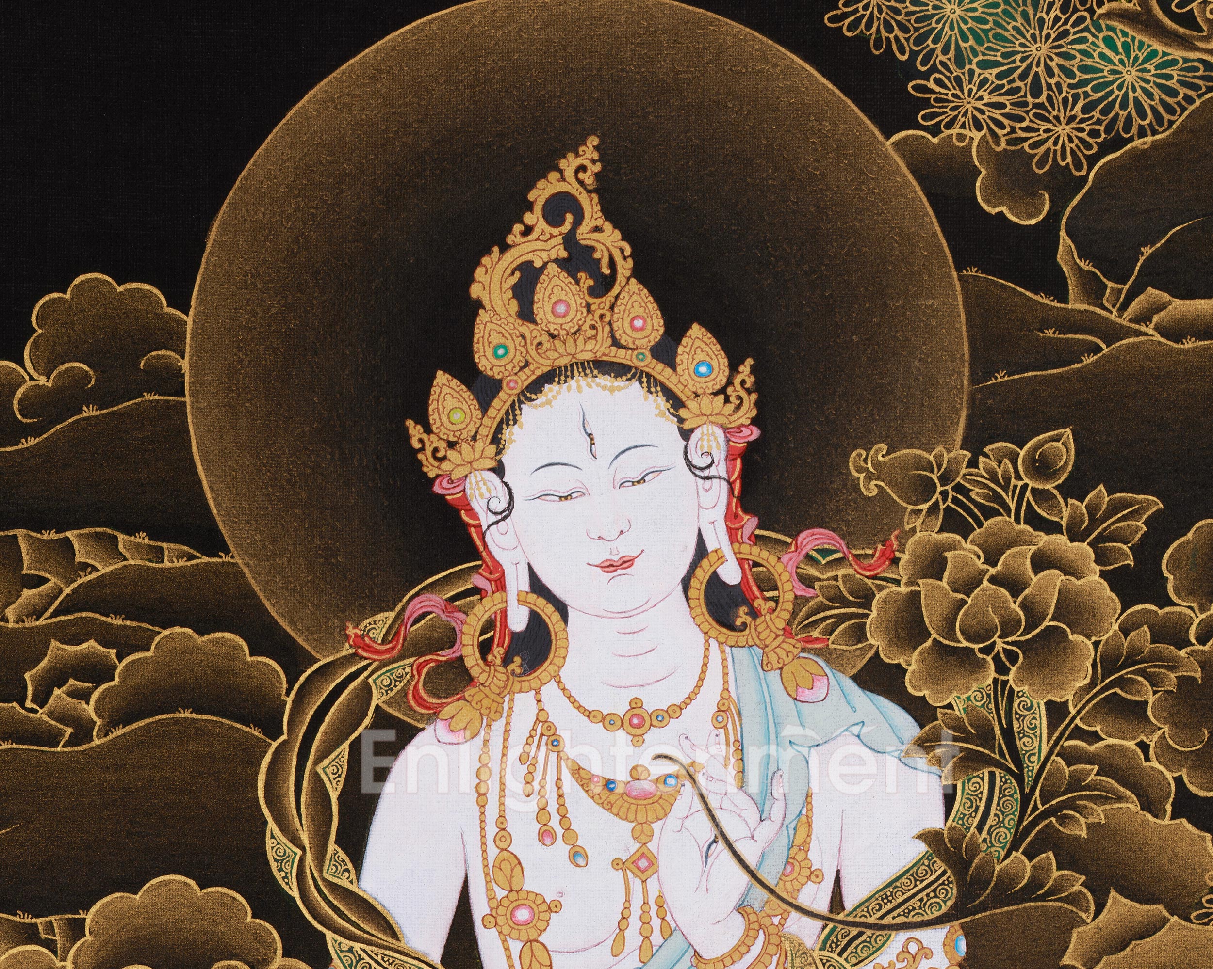 Hand-Painted Three Deities of Long Life: White Tara, Amitayus, and Namgyalma | Gold Embellished Thangka