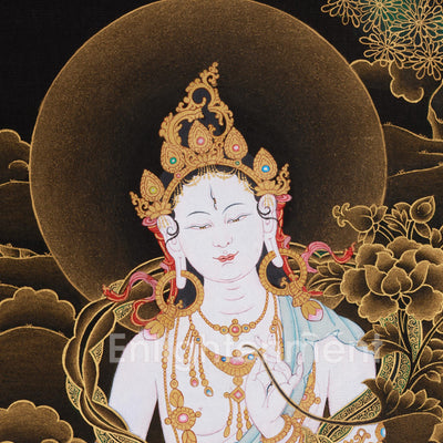 Hand-Painted Three Deities of Long Life: White Tara, Amitayus, and Namgyalma | Gold Embellished Thangka