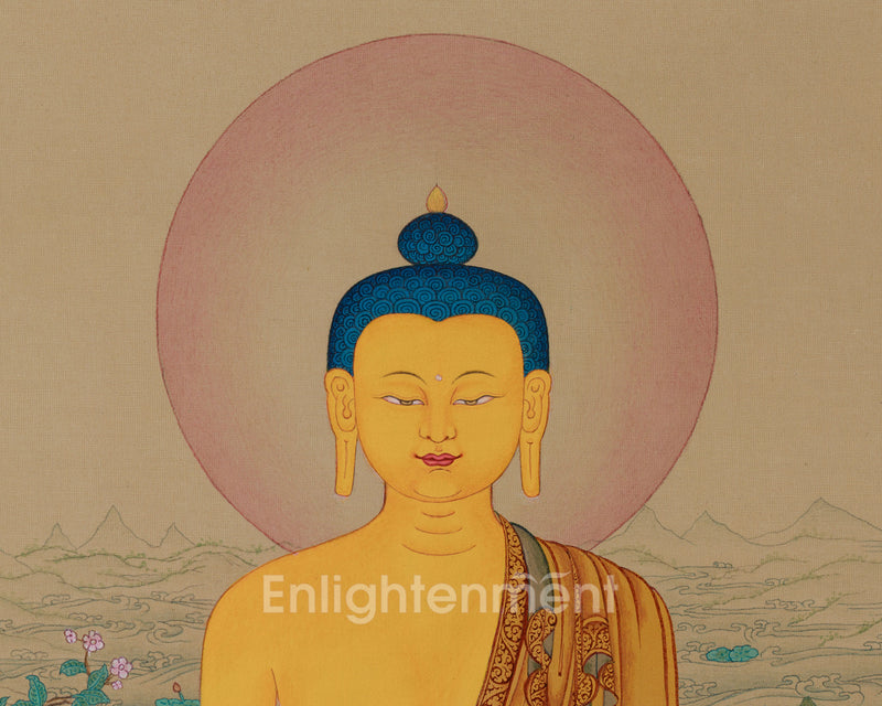 Enlightened Buddha Shakyamuni Thangka | The Sage of the Shakya | Artistic Elegence in Lhasa Stone Hues