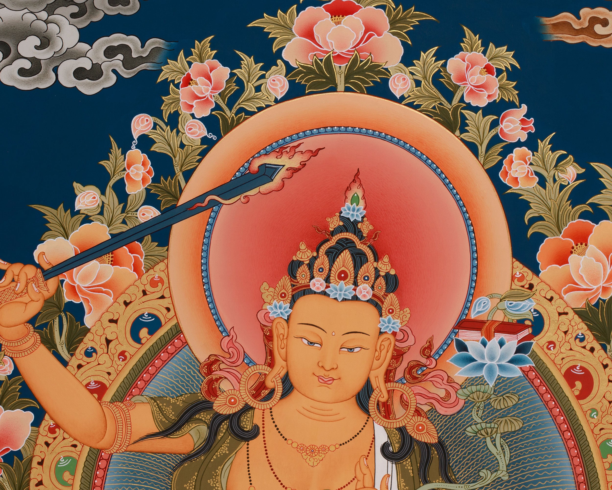 Hand-Painted Bodhisattva Manjushree Thangka | Large Buddhist Artwork of Wisdom Buddha
