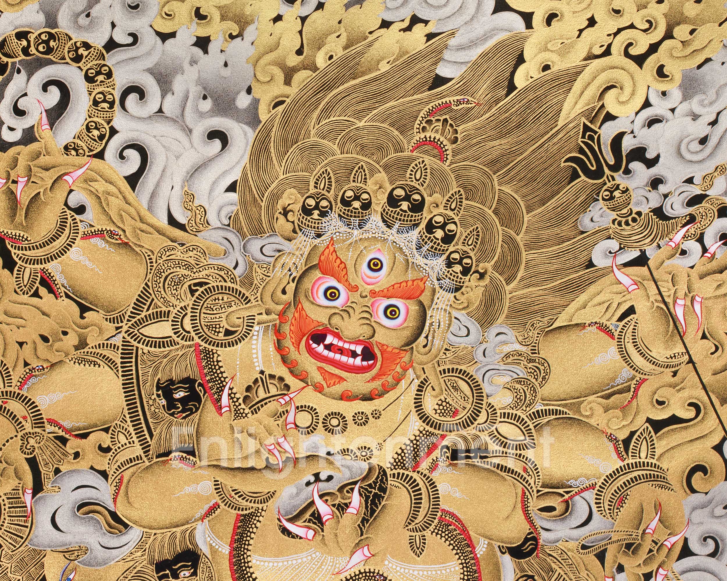 Majestic Gold & Silver Wrathful Six-Armed Mahakala Thangka | Protector of Dharma