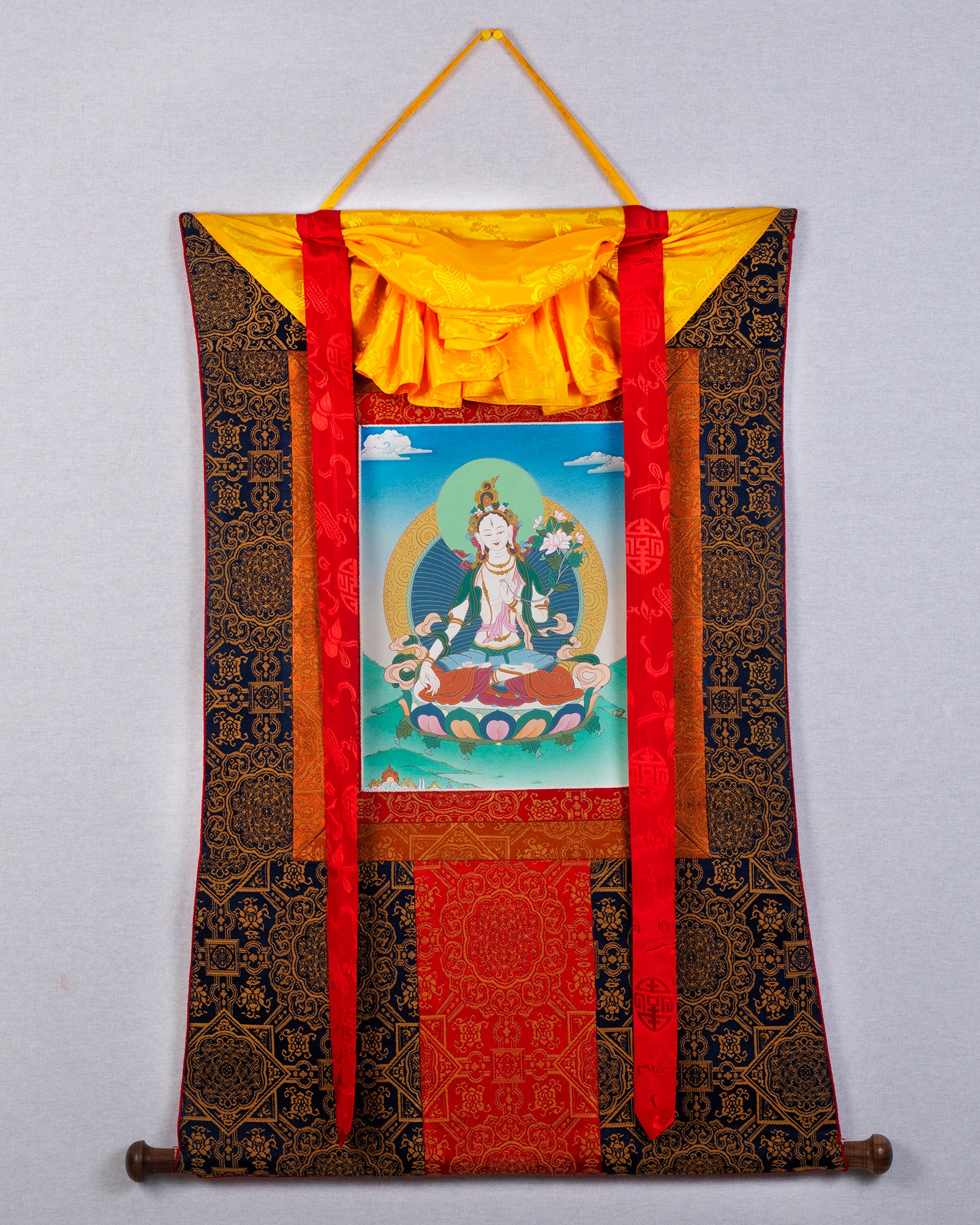 White Tara Thangka | Himalayan Painting (with Brocade)