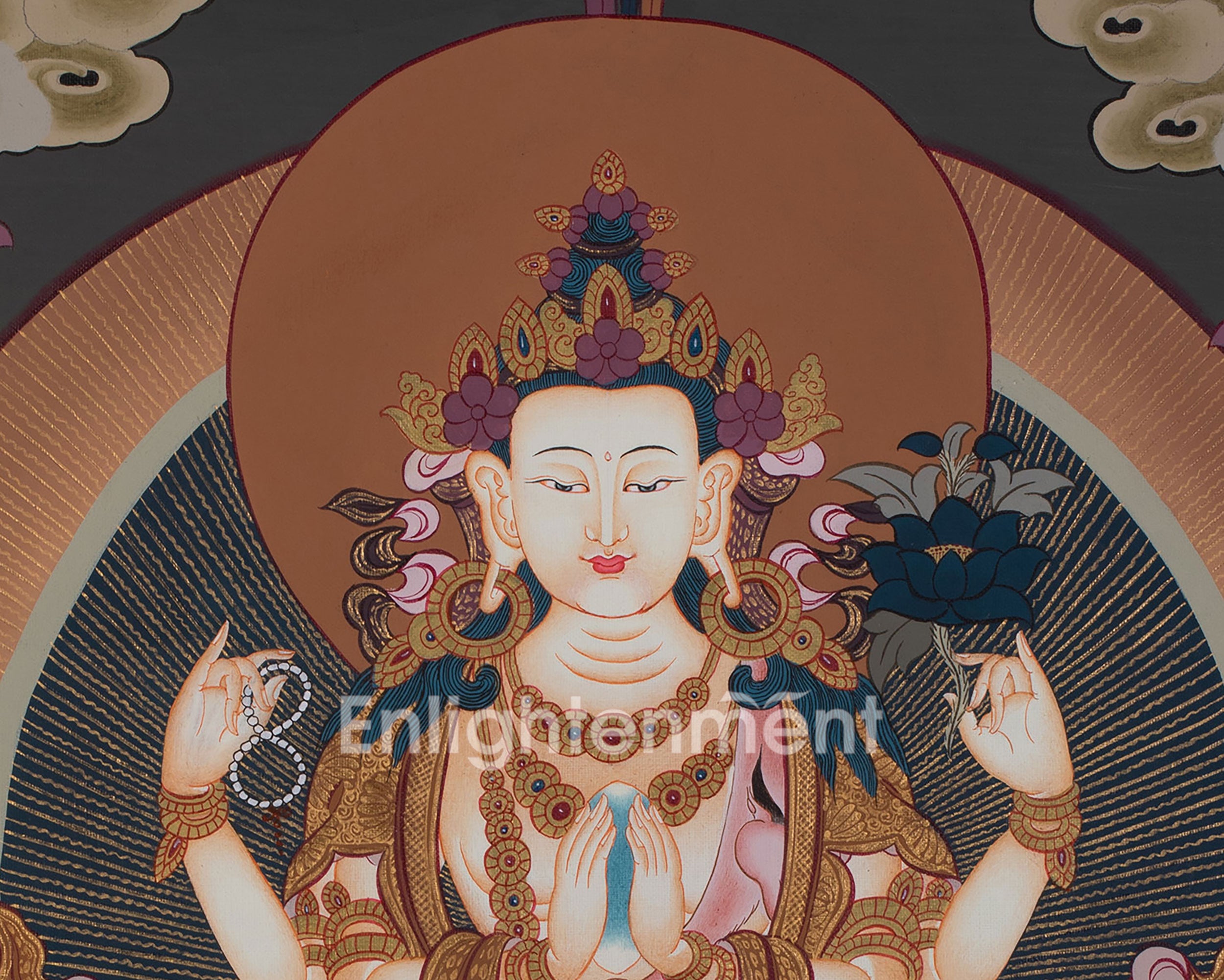 Four-Armed Compassionate Chenrezig Thangka | Hand-Painted Compassion Deity Art