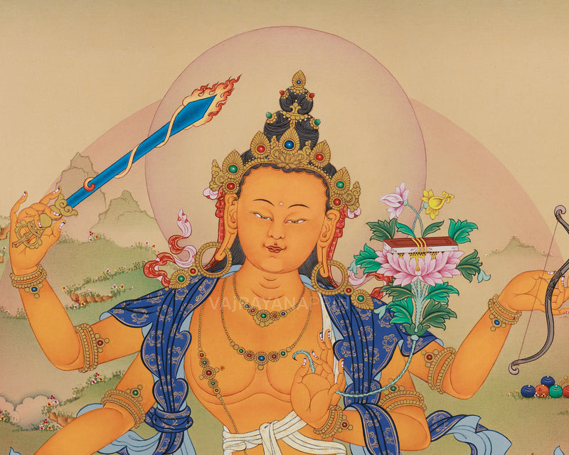 Rare Four-Armed Manjushri Thangka Print | Tibetan Buddhist Wisdom Deity | High-Quality Giclee Canvas