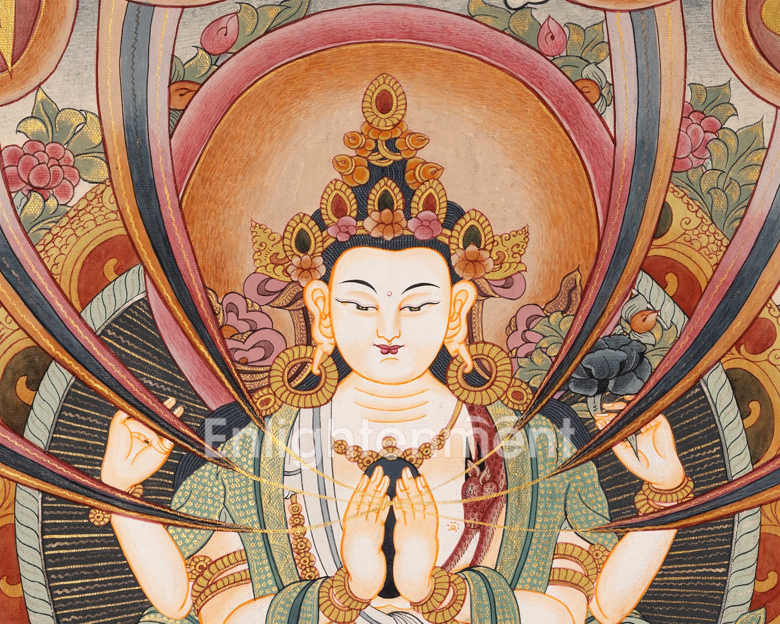 Thangka of Avalokiteshvara with Mantra | Featuring Manjushri and Vajrapani