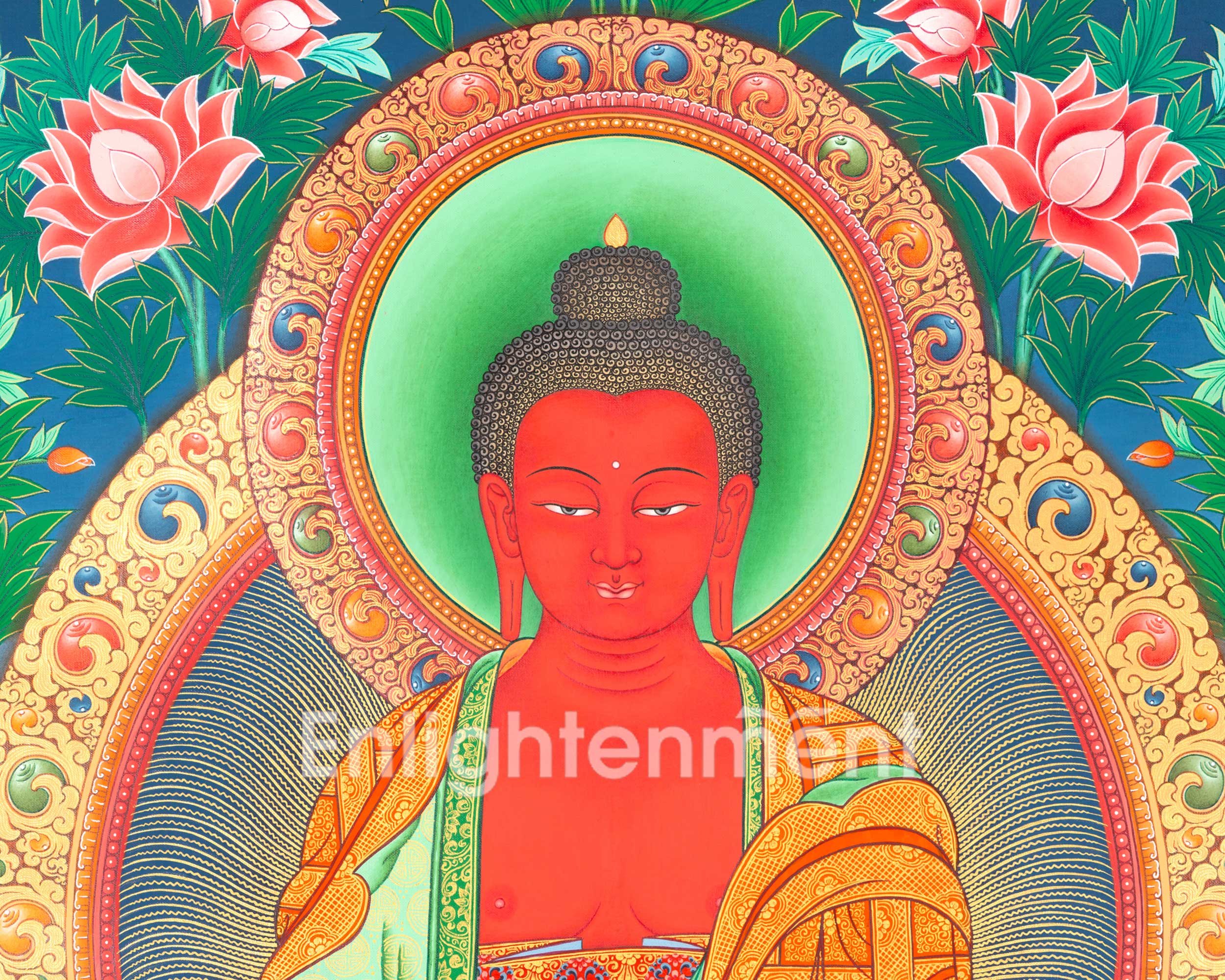 Amitabha Buddha with His Two Chief Disciples Thangka | The Buddha of Infinite Light