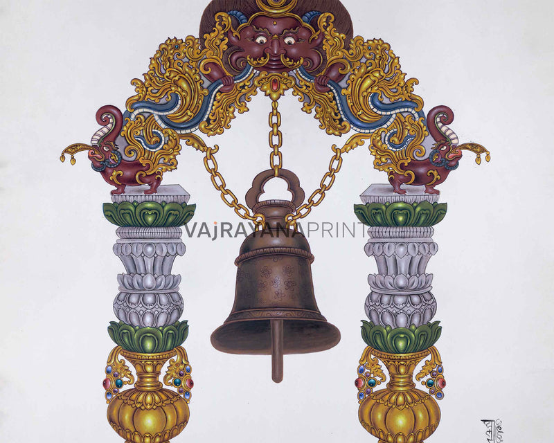 Traditional Bell Art Print For Room Decoration | Newari Paubha Print For Wall Hanging, Room Decor