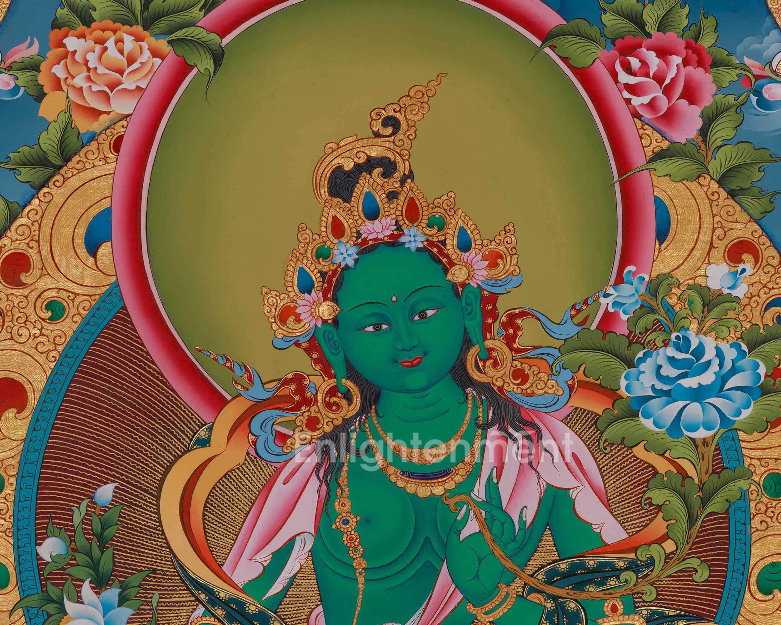 Green Tara Divine Thangka | Five Dhyani Buddhas, Saraswati, and Dukar