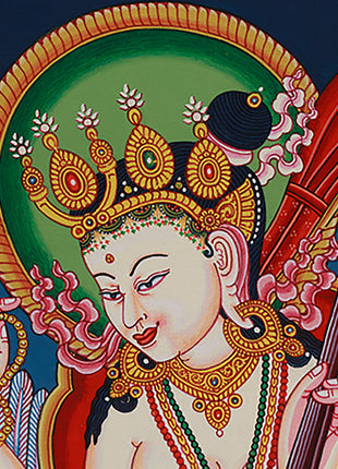 Goddess Saraswati Thangka | Sacred Art for Knowledge and Meditation