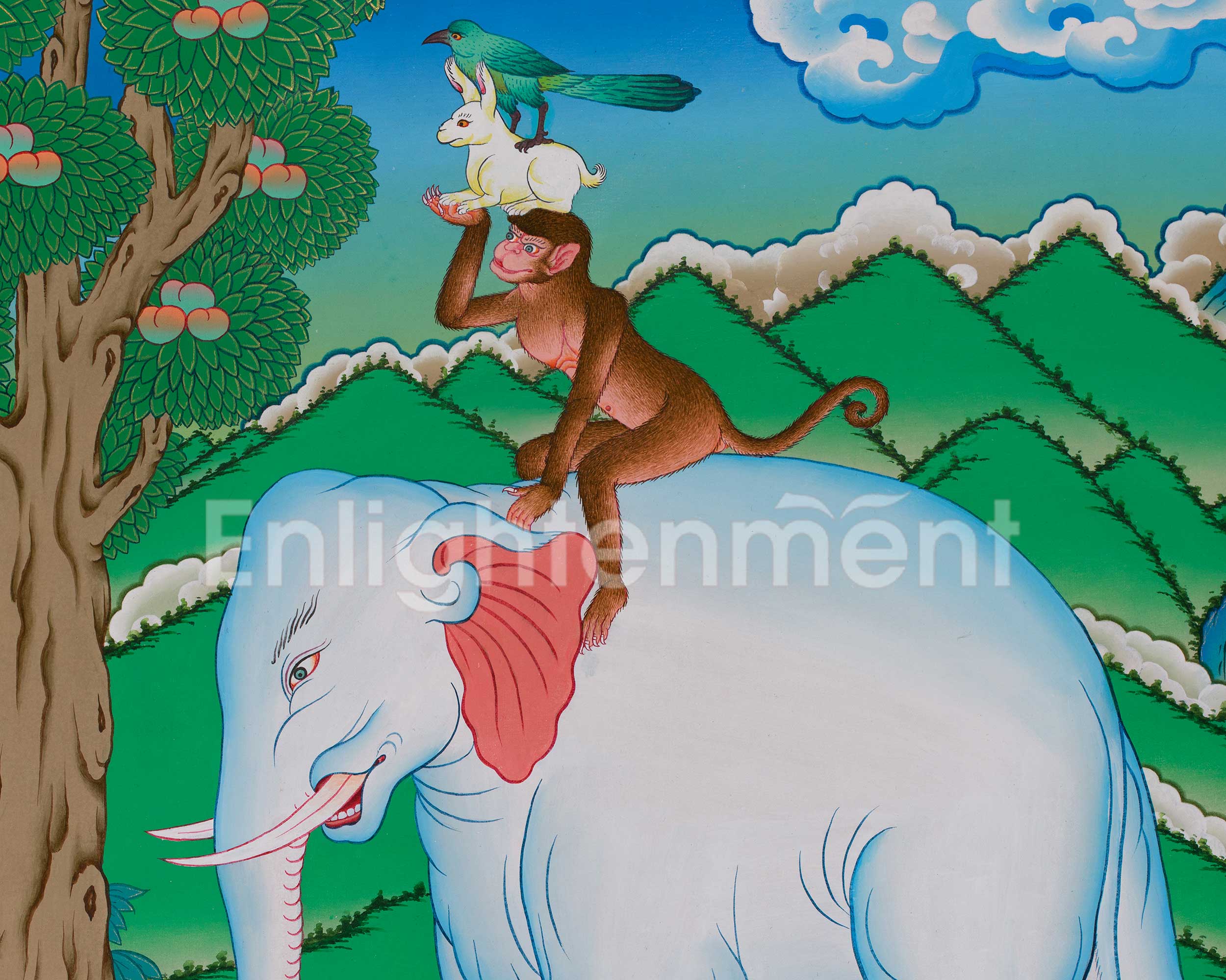 Thangka of Four Harmonious Friends | Depicting Unity, Cooperation, and Mutual Respect