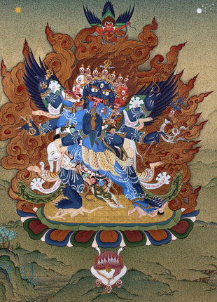 Vajrakilaya Thangka, Hand Painted Traditional Tibetan Wall Painting, Natural Stone colors and 24K Gold (includes Brocade)