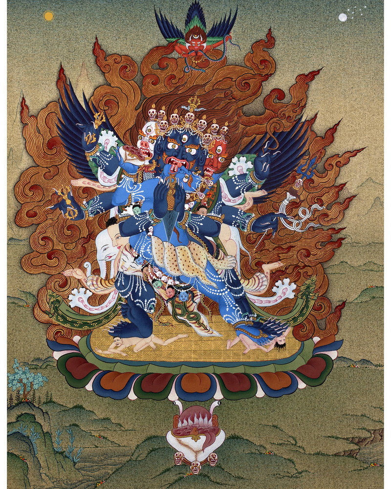 Vajrakilaya Thangka, Hand Painted Traditional Tibetan Wall Painting, Natural Stone colors and 24K Gold (includes Brocade)