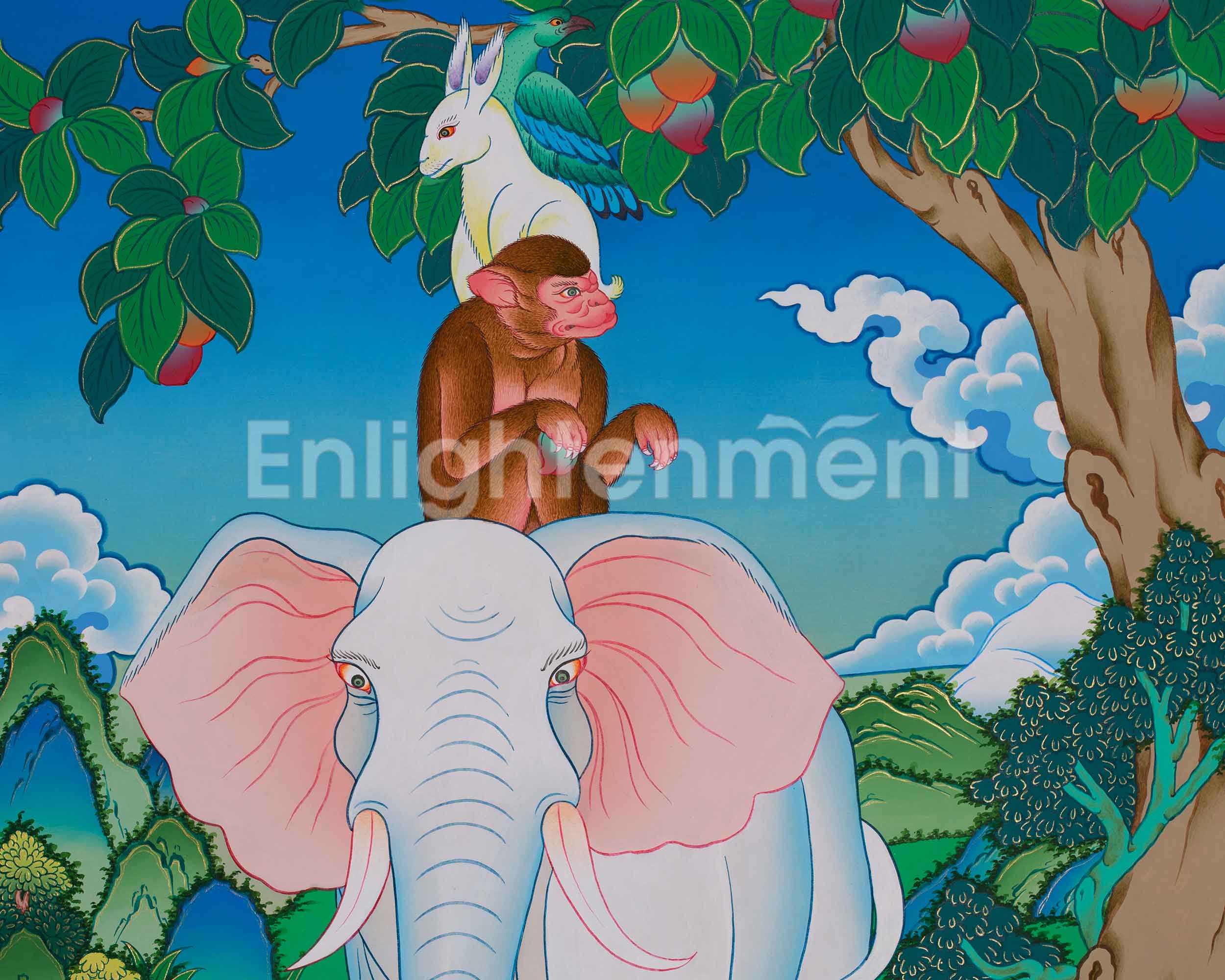 Original Hand-Painted 4 Harmonious Animals | Tibetan Art of Unity & Balance