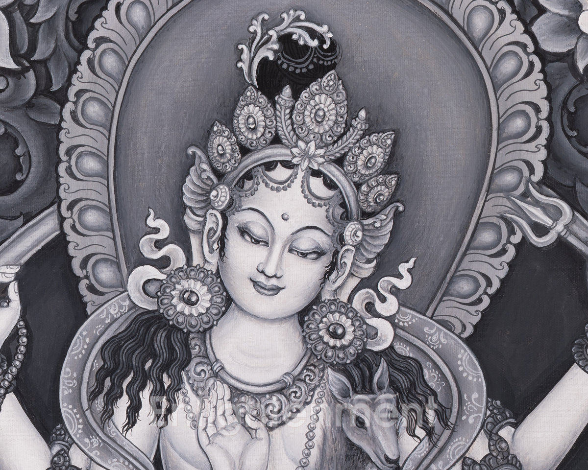 Black and White Bodhisattva Chenrezig Thangka | Avalokiteshvara Art | Compassion Deity
