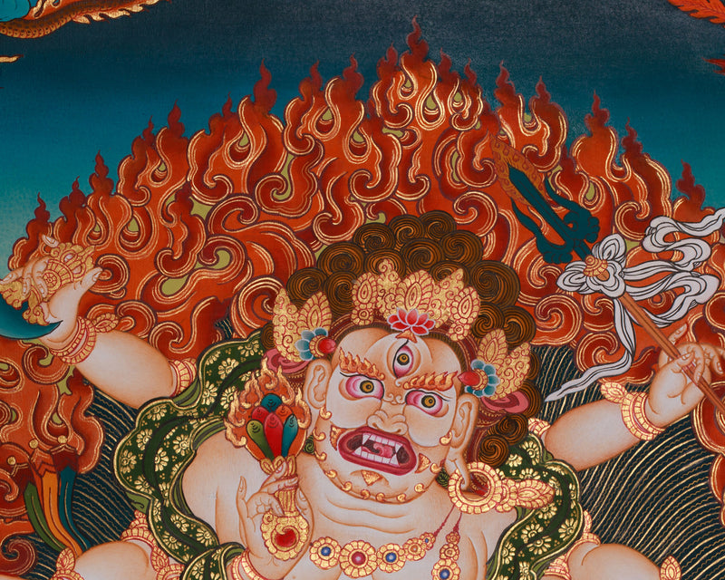 Hand-Painted White Mahakala Thangka | Wrathful Guardian of Wealth and Protection