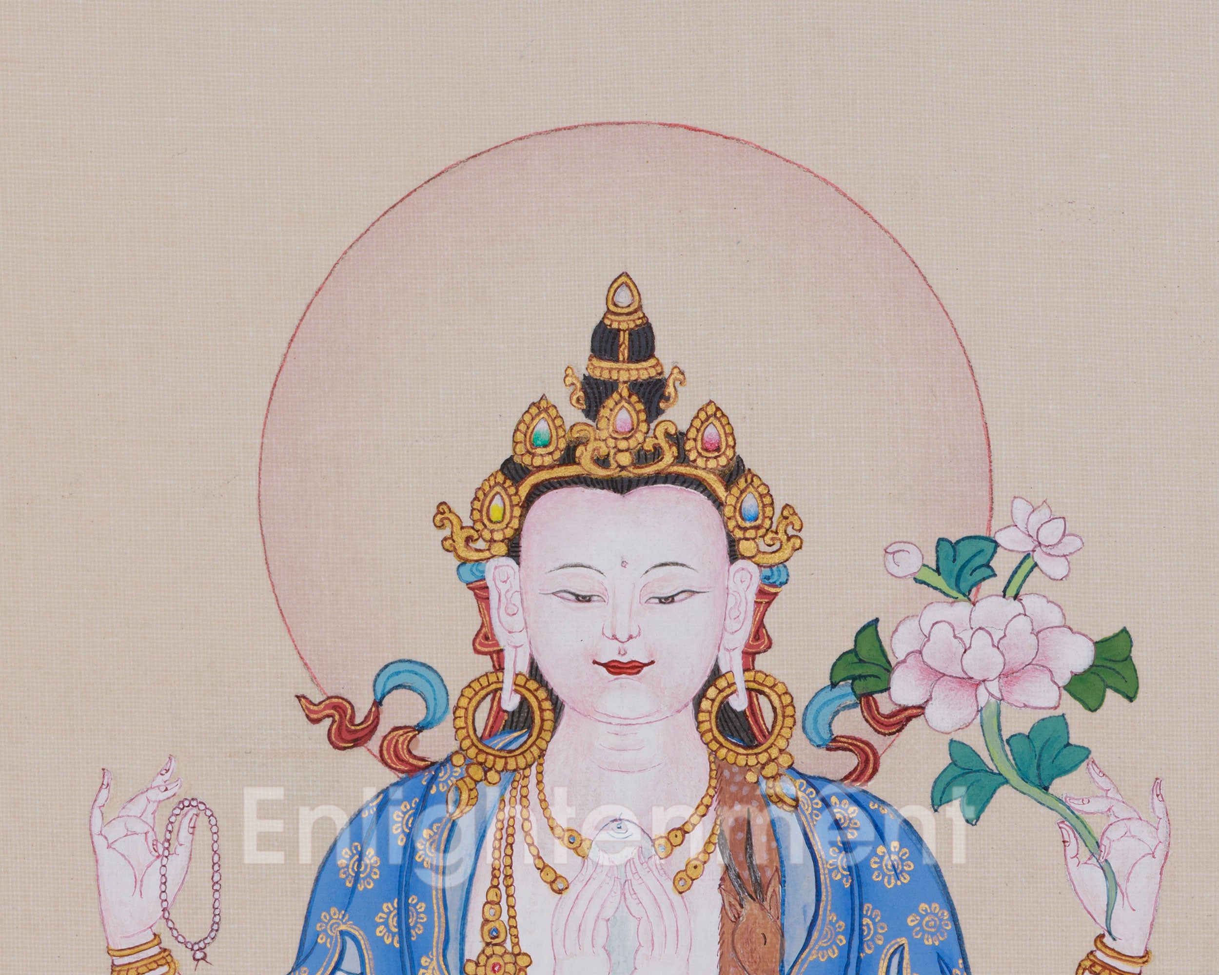 Compact 4-Armed Chenrezig Buddha Thangka, "Om Mani Padme Hum"