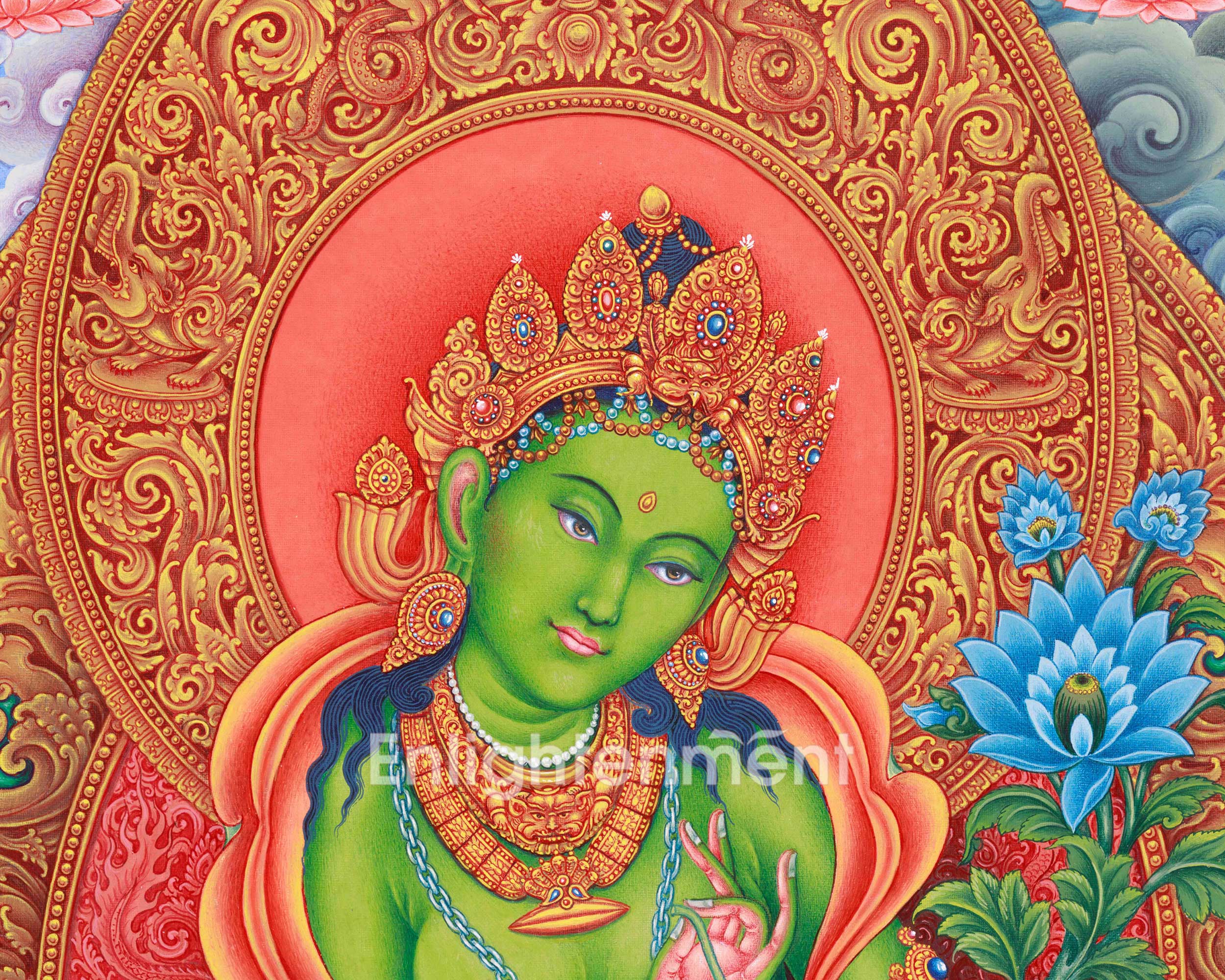 Green Tara Spiritual Thangka | Goddess of Healing | Hand-Painted Meditation Art