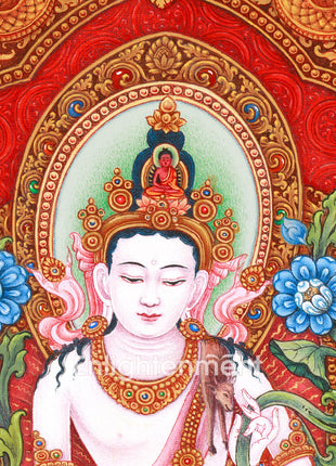 Standing Guanyin Thangka | Avalokiteshvara | 5 Dhyani Buddhas | Paubha Painting Decor