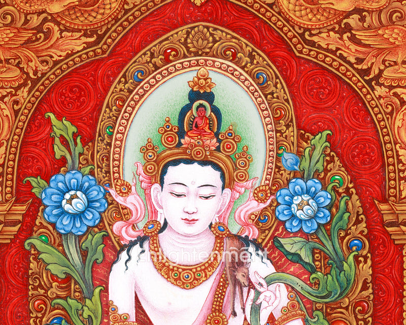 Standing Guanyin Thangka | Avalokiteshvara | 5 Dhyani Buddhas | Paubha Painting Decor