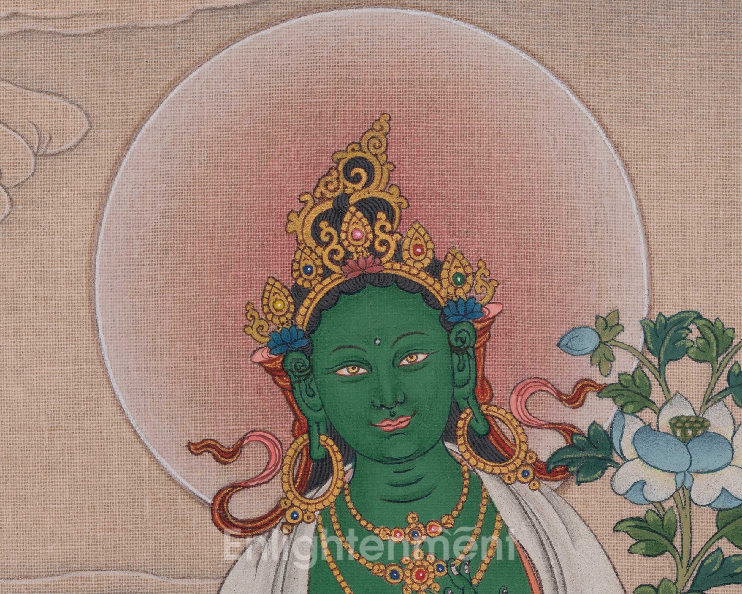 Green Tara Female Buddha Thangka | Mother of Liberation | Embodies Swift, And Active Compassion