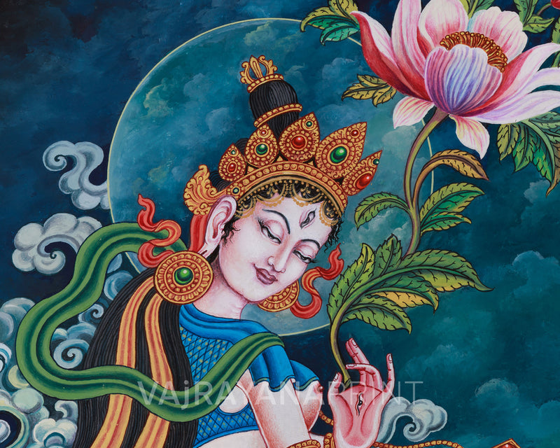 Graceful White Tara Thangka Print | Buddhist Goddess Canvas Wall Art for Healing