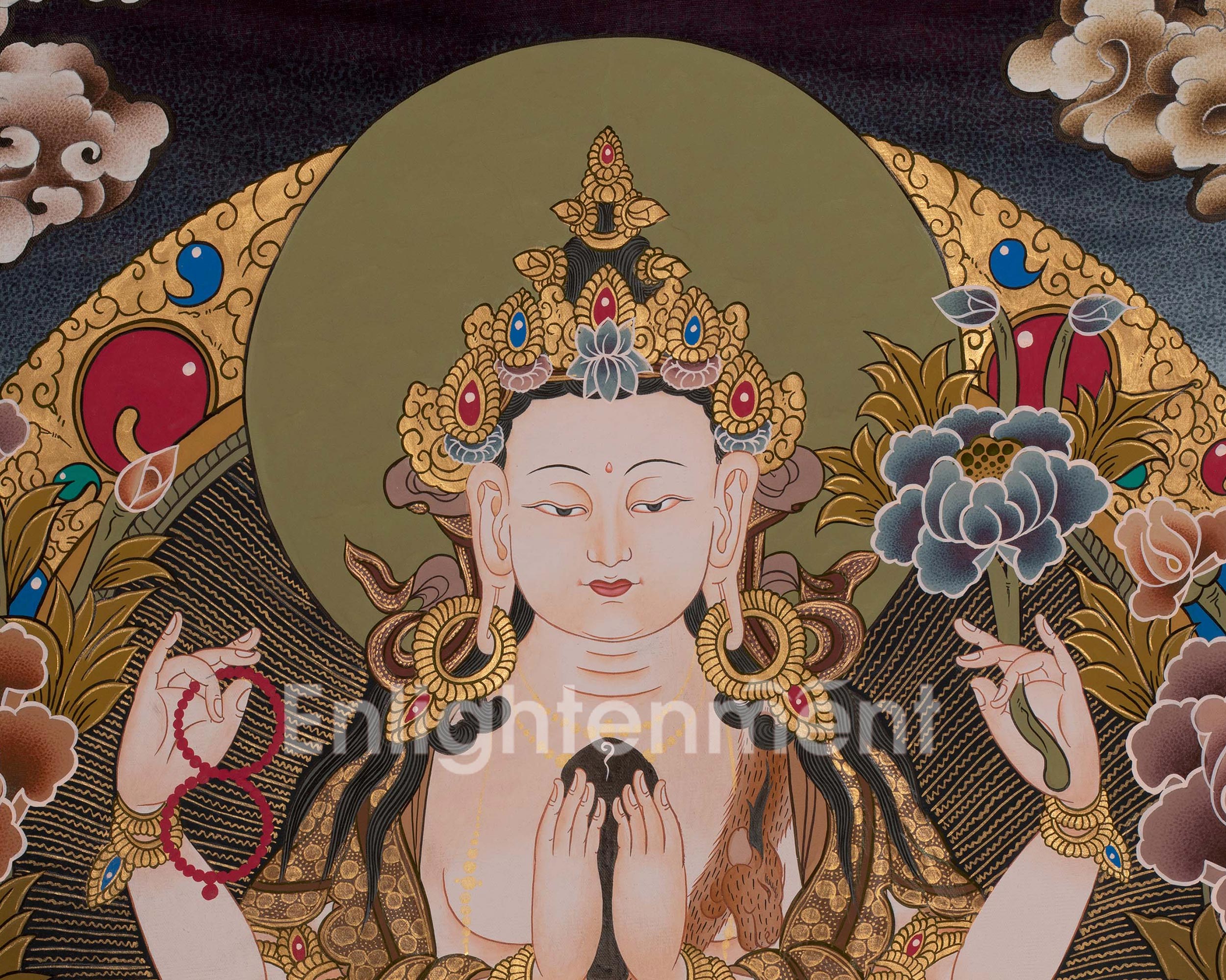 Four Armed Chenrezig Thanka | Hand-Painted Tibetan Bodhisattva Painting