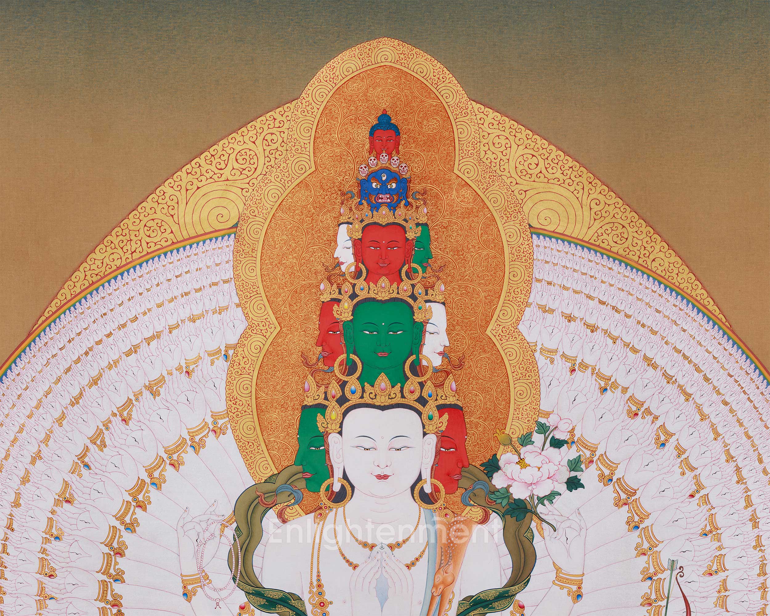 Exclusive 1000 Armed Chenrezig with 8 Bodhisattva Thangka | 40x50 Inches Thangka of Compassion, Power, and Enlightenment
