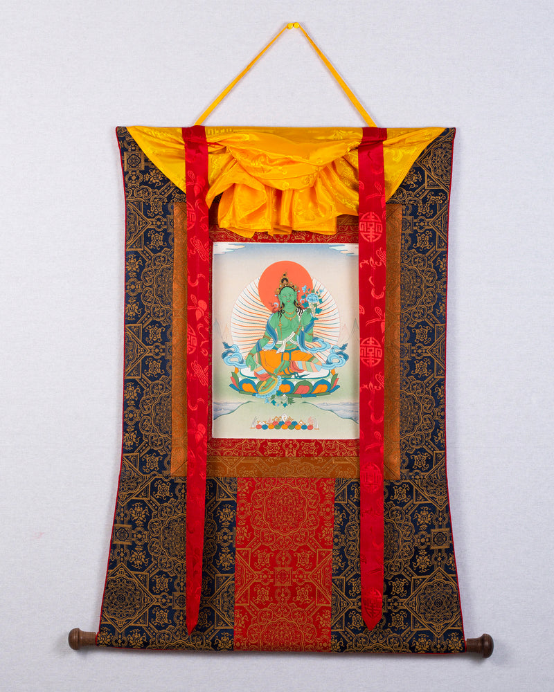 Green Tara | Himalayan Buddhist Thangka | Tibetan Painting (with Brocade)