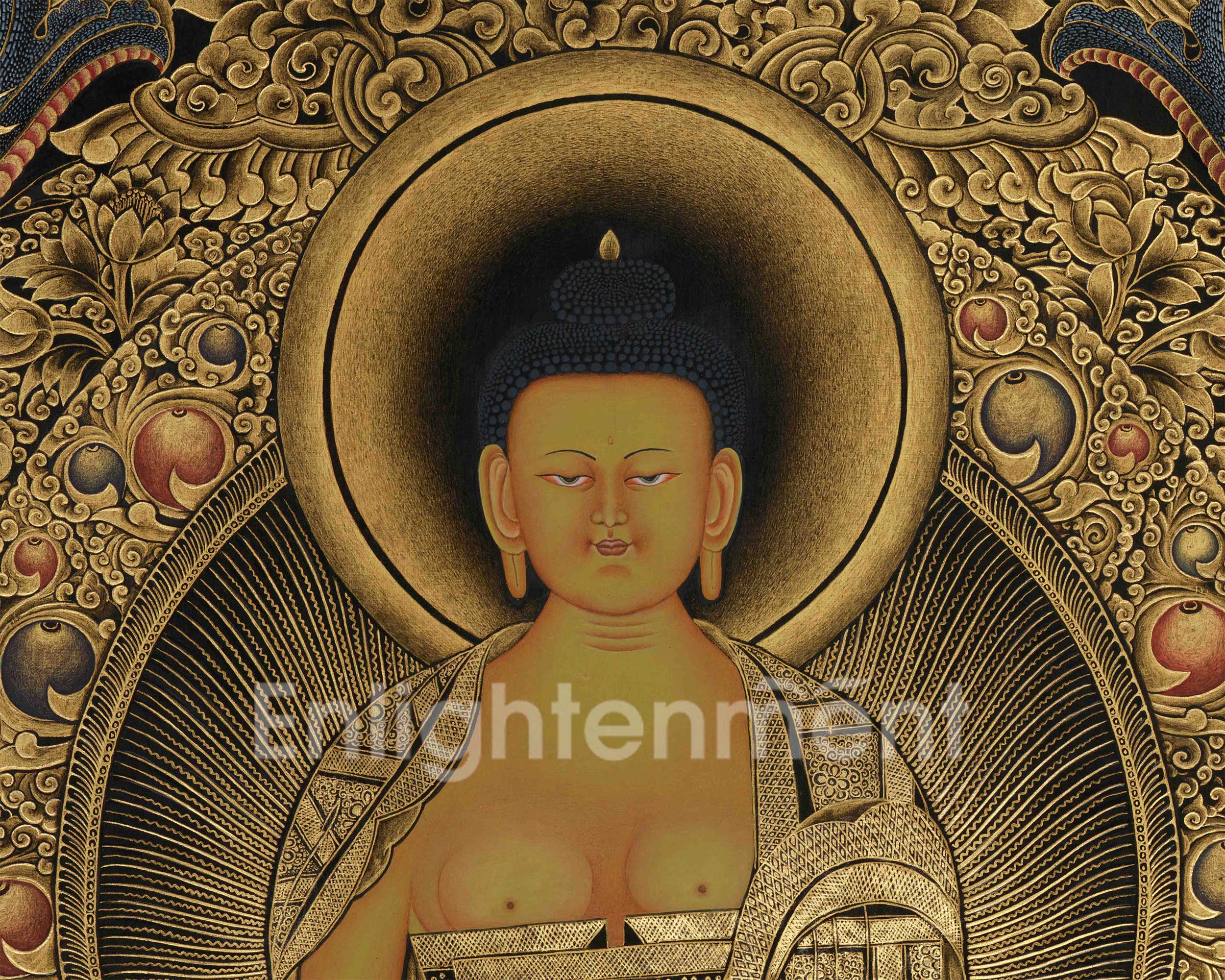 Enthroned Shakyamuni Buddha Gold Thangka | The Awakened One | The Supreme Teacher