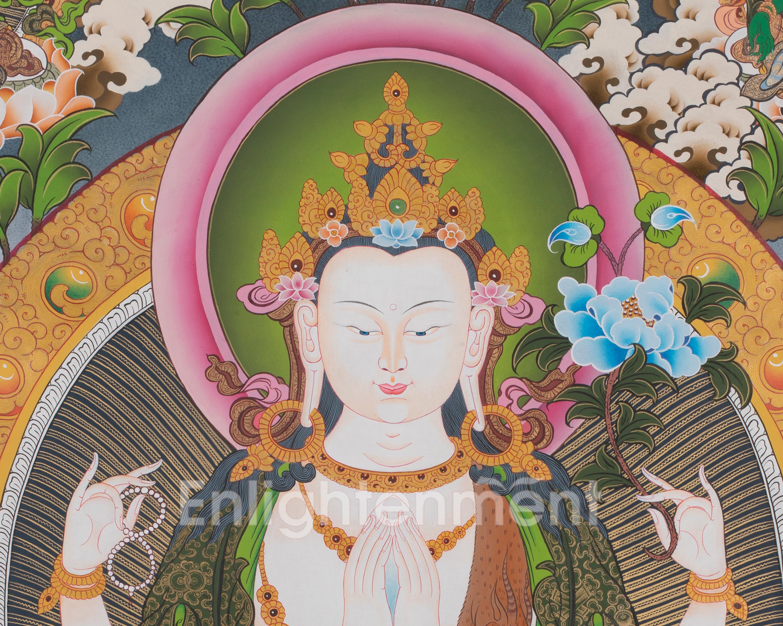 Large Size 4 Armed Chenrezig Thangka Painting with White Tara, Green Tara